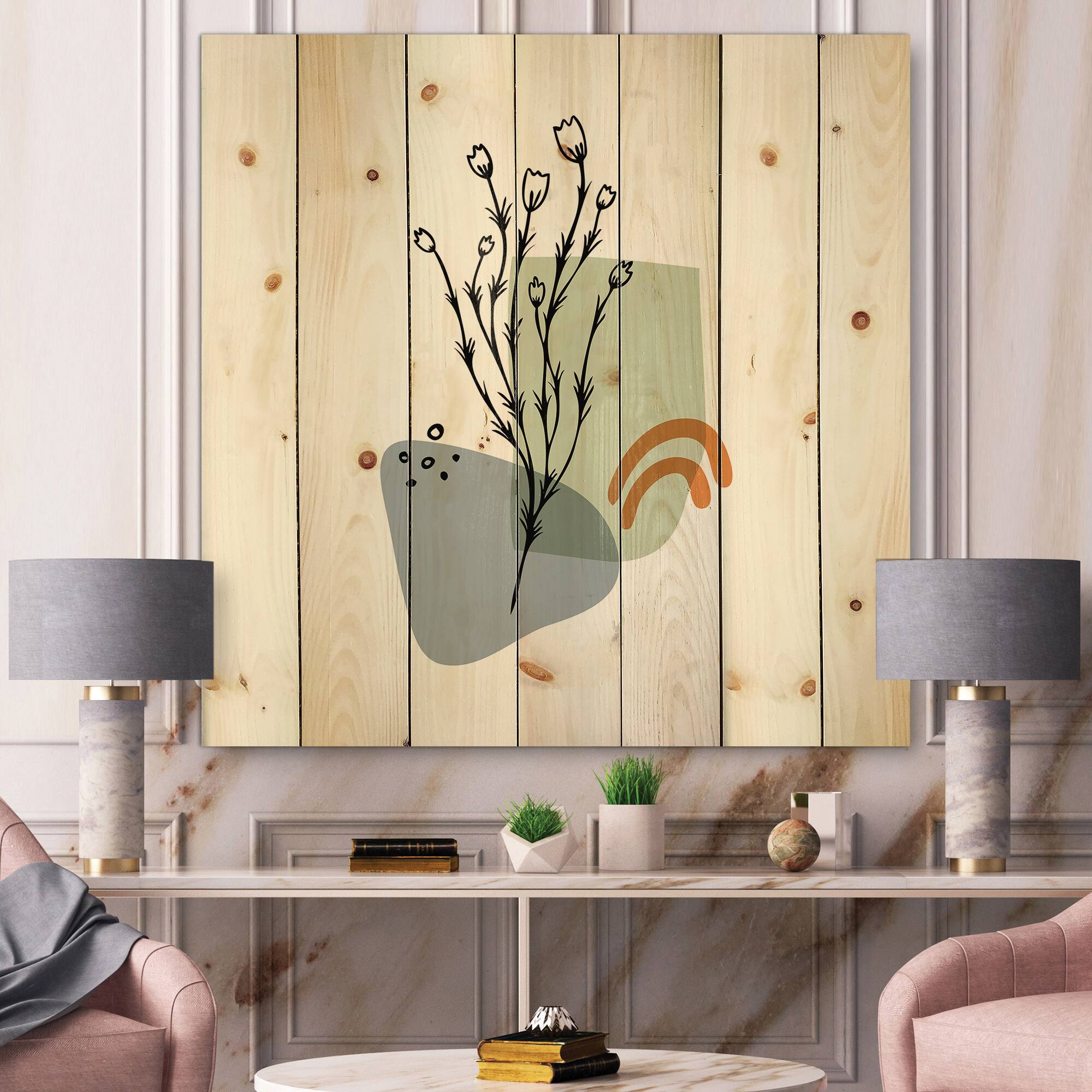 Designart - Abstract Flowers On Minimal Shapes II - Modern Print on Natural Pine Wood