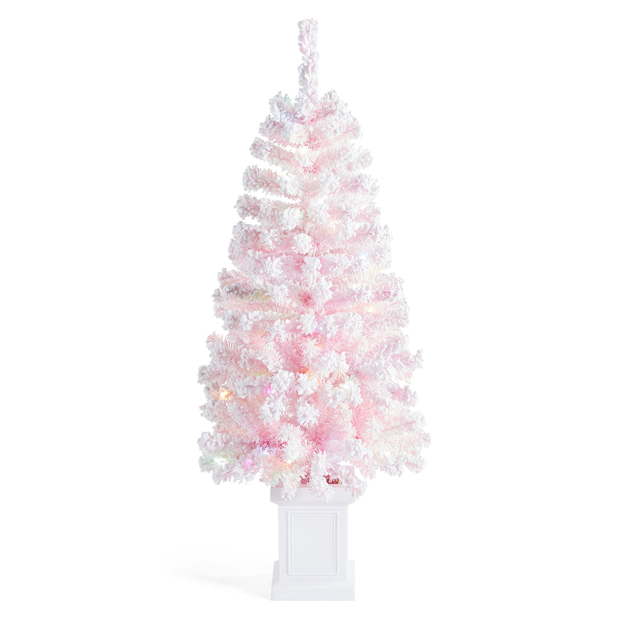 Glitzhome® 4ft Pre-Lit Flocked Pink Artificial Christmas Porch Tree, Multi-color LED Lights