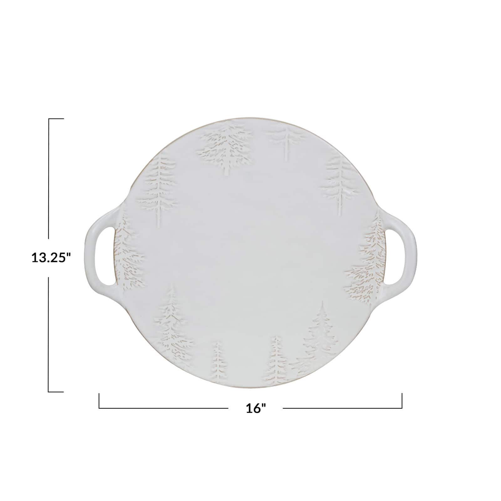 Hello Honey® 16" White Reactive Glaze Debossed Trees Round Stoneware Platter with Handles