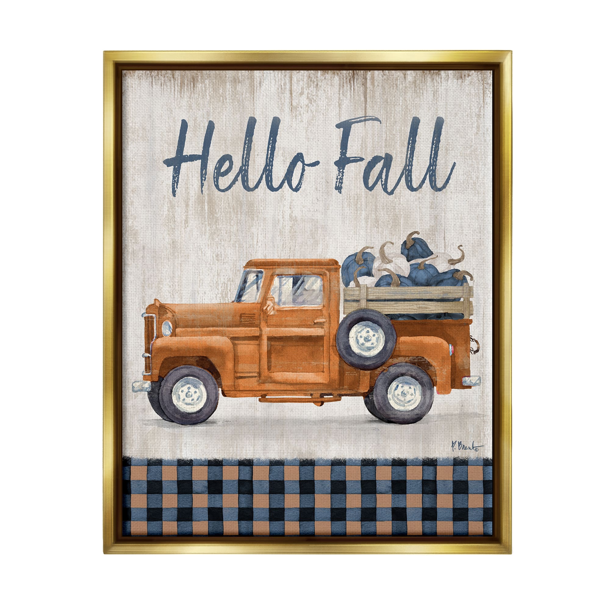 Stupell Industries Hello Fall Plaid Pumpkin Truck Framed Floater Canvas Wall Art