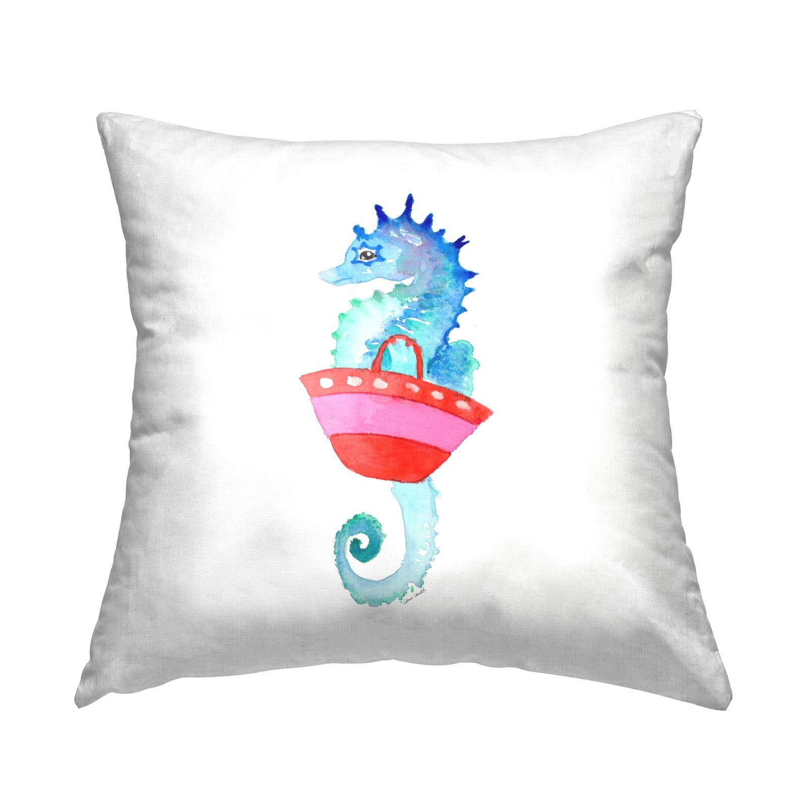 Stupell Industries Blue Seahorse Carrying Red Beach Bag Throw Pillow, 18" x 18"