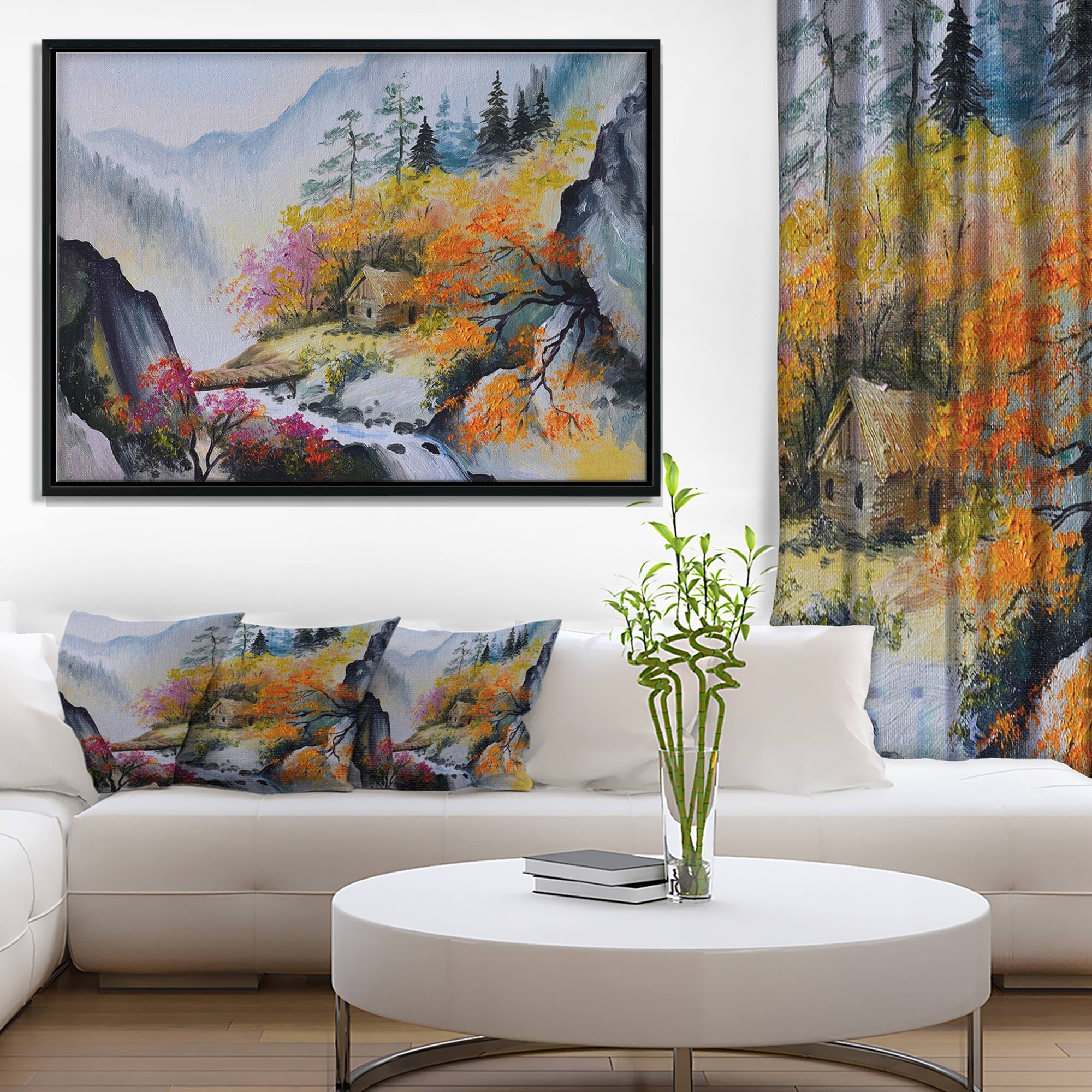 Designart - House in the Mountains - Landscape Art Print Canvas in Black Frame