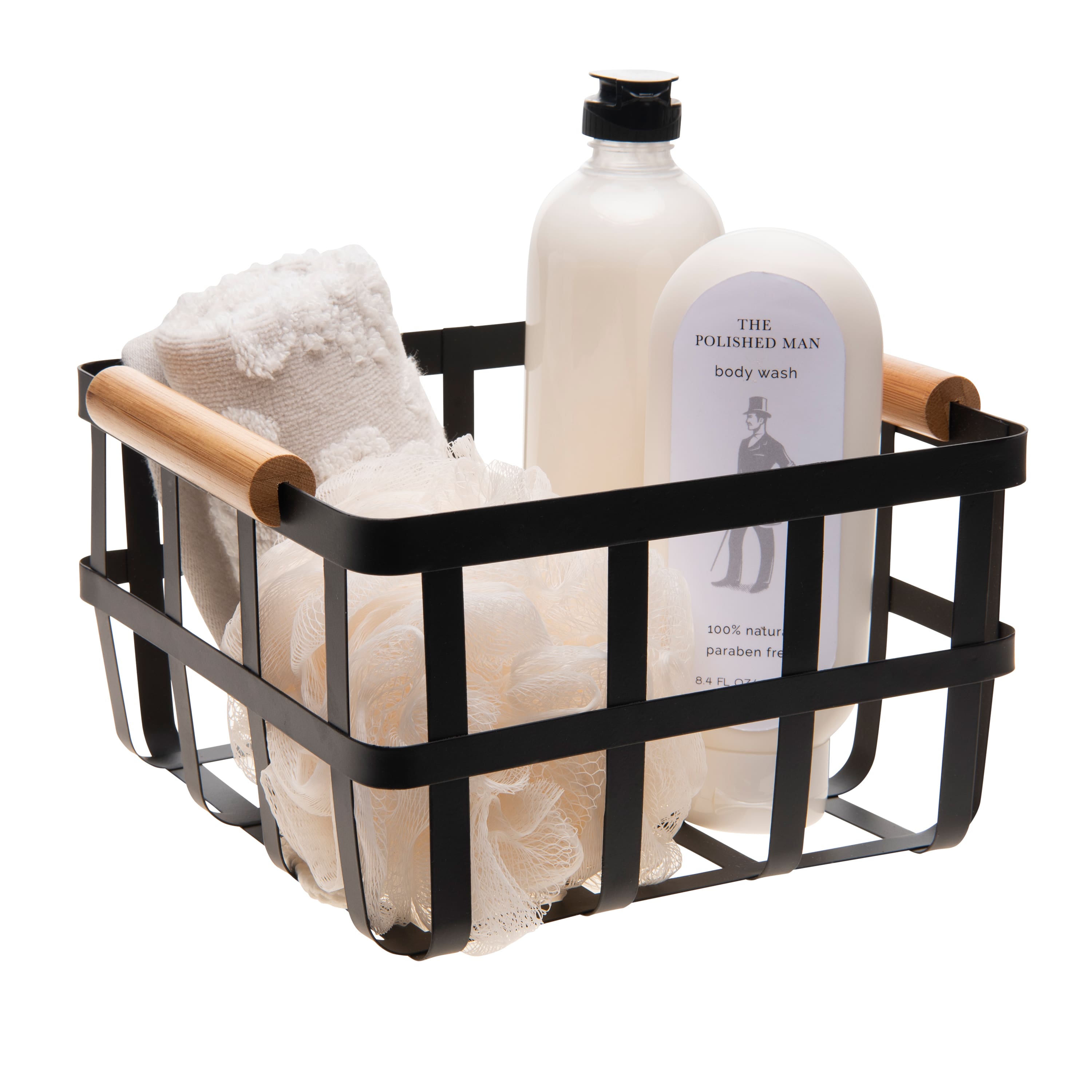 Simplify Small Square Black Metal Basket with Bamboo Handles
