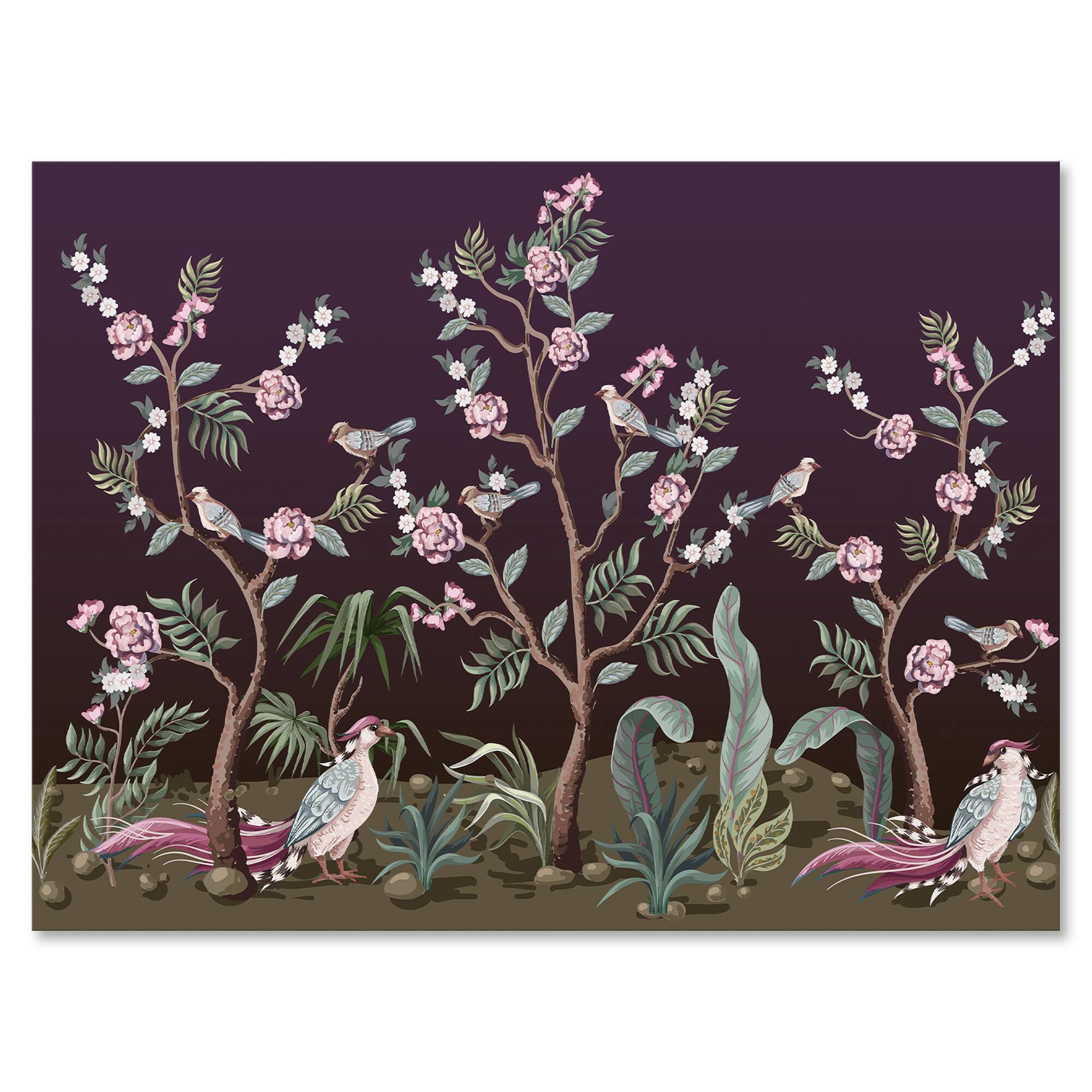 Designart - Chinoiserie With Birds and Peonies I - Traditional Canvas Wall Art Print