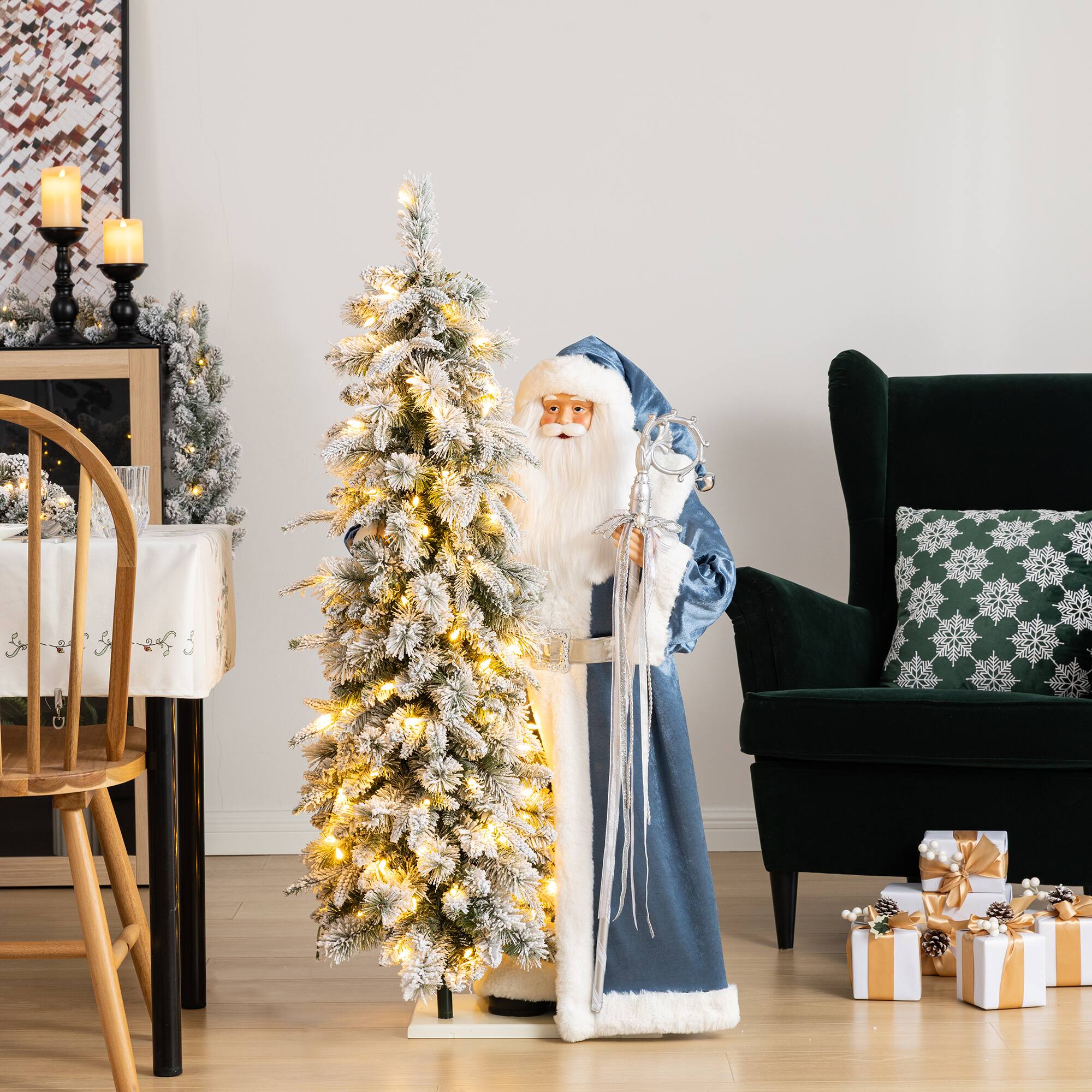 Glitzhome® 3.5ft. Oversized Deluxe Blue Christmas Santa with 4ft Lighted Flocked Artificial Christmas Tree