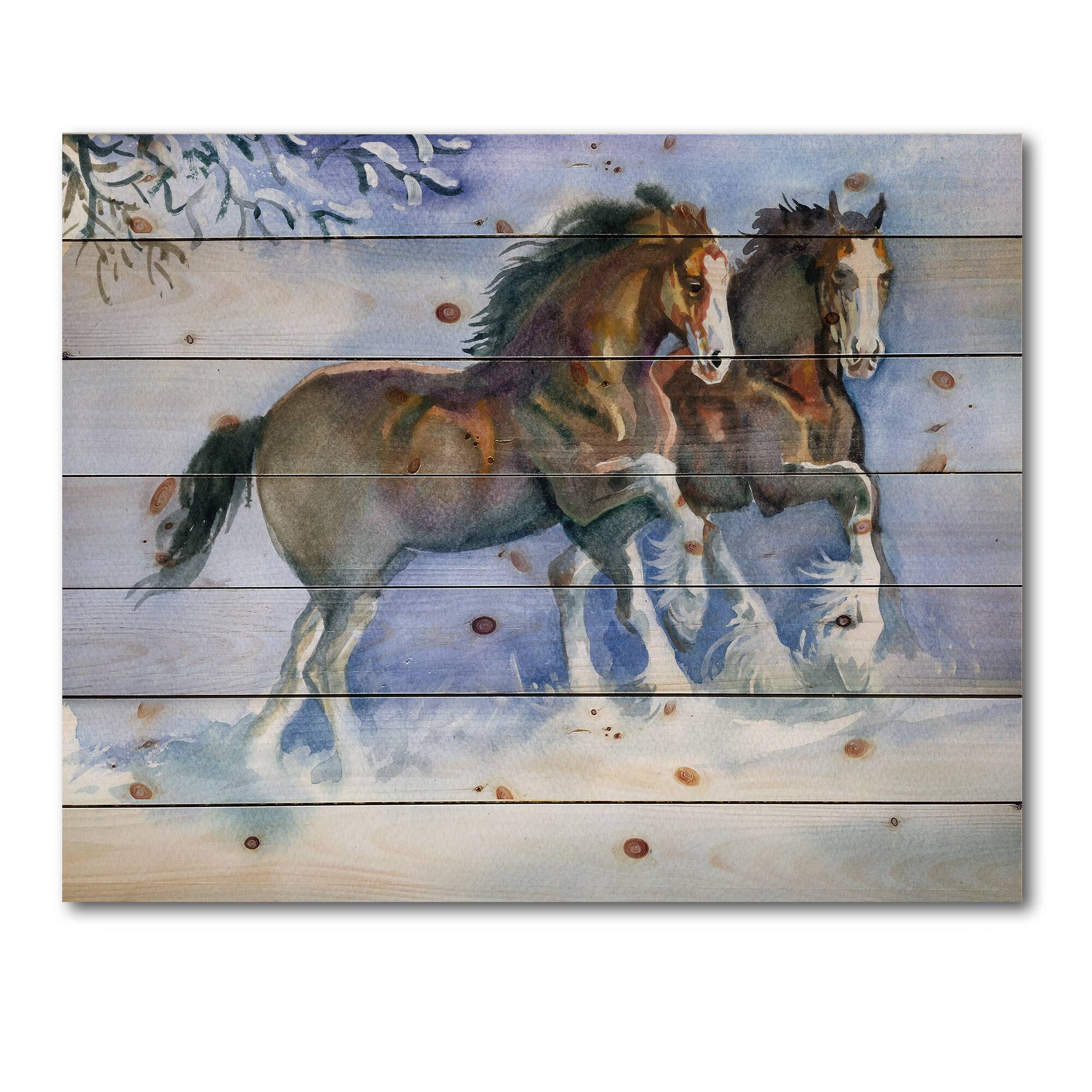 Designart - Horses Running In Winter - Farmhouse Print on Natural Pine Wood