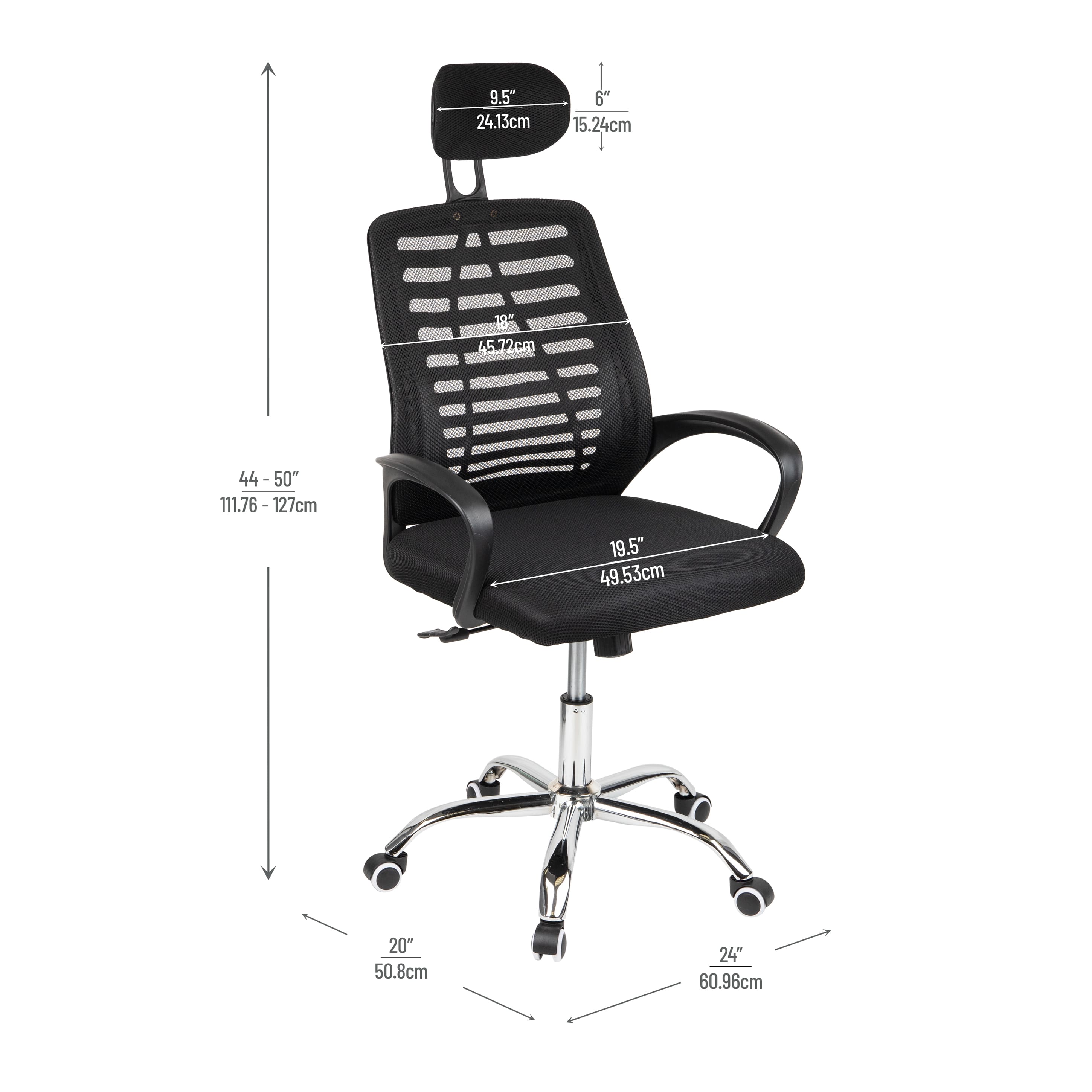 Mind Reader Office Chair with Wheels, Height Adjustable, Desk Chair, Office, 24"L x 20"W x 44-50"H, Black
