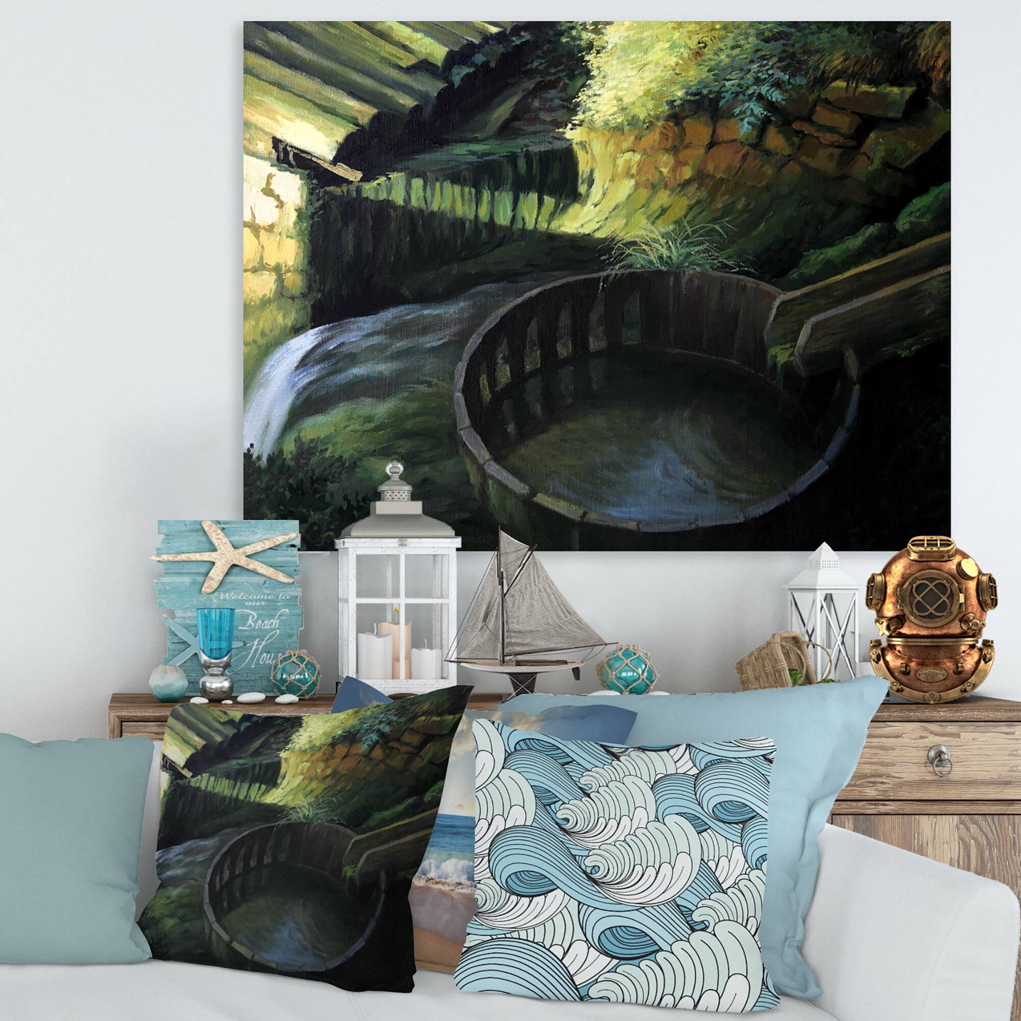 Designart - Old Watermill In Nature Landscape - Lake House Canvas Wall Art Print