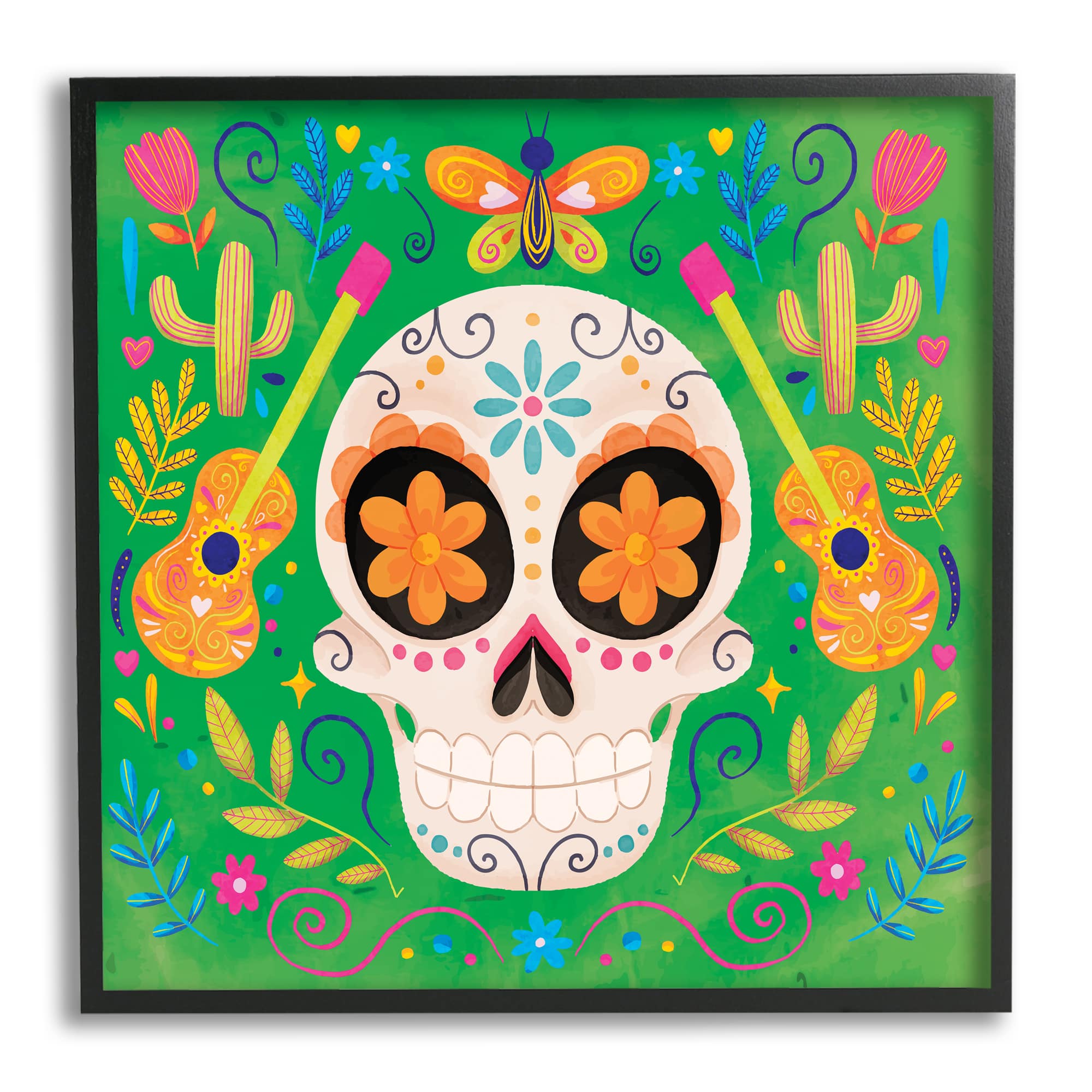 Stupell Industries Floral Day Of Dead Guitar Skull Framed Giclee Art
