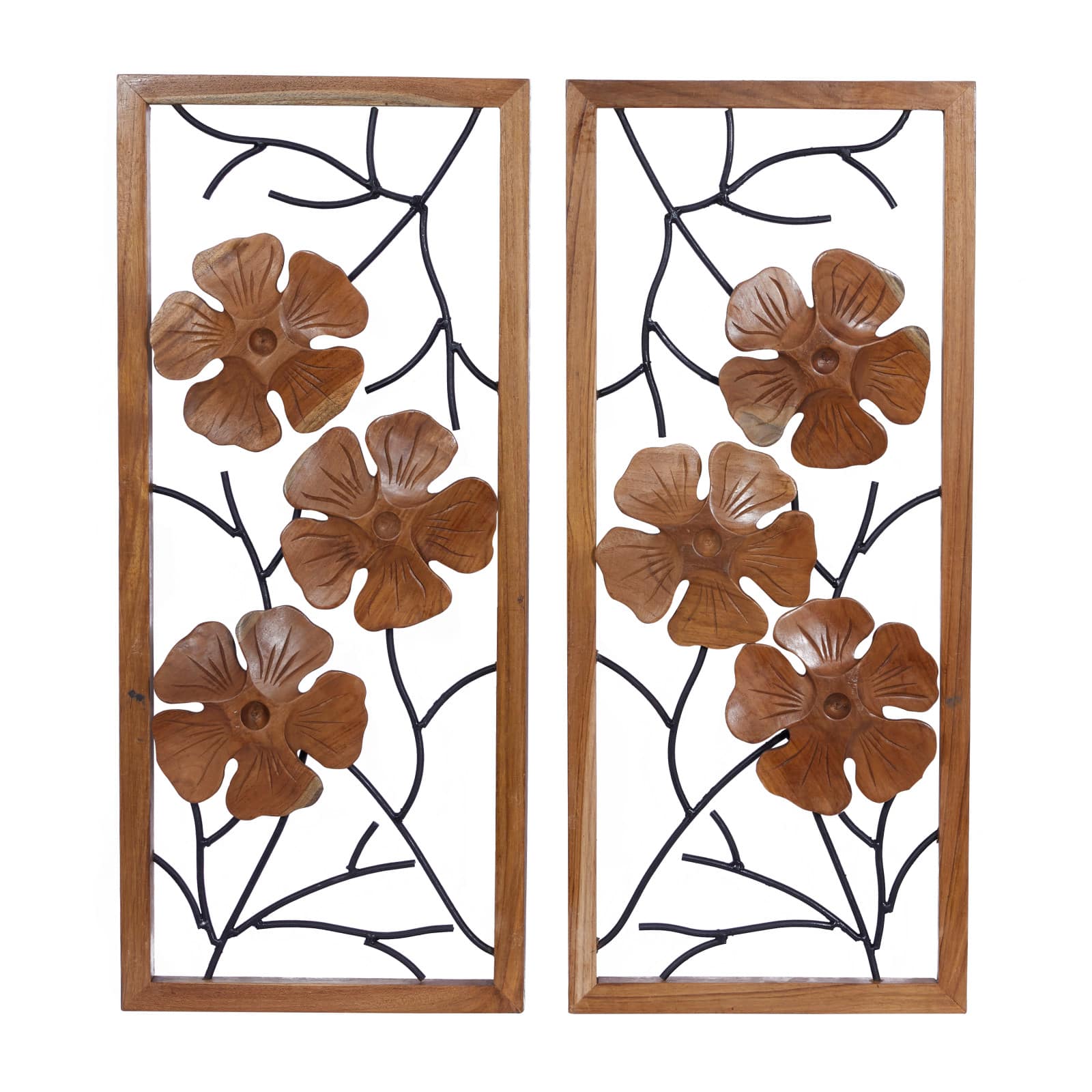 Set of 2 Rust Teak Wood Contemporary Style Wall Decor 14", 32"