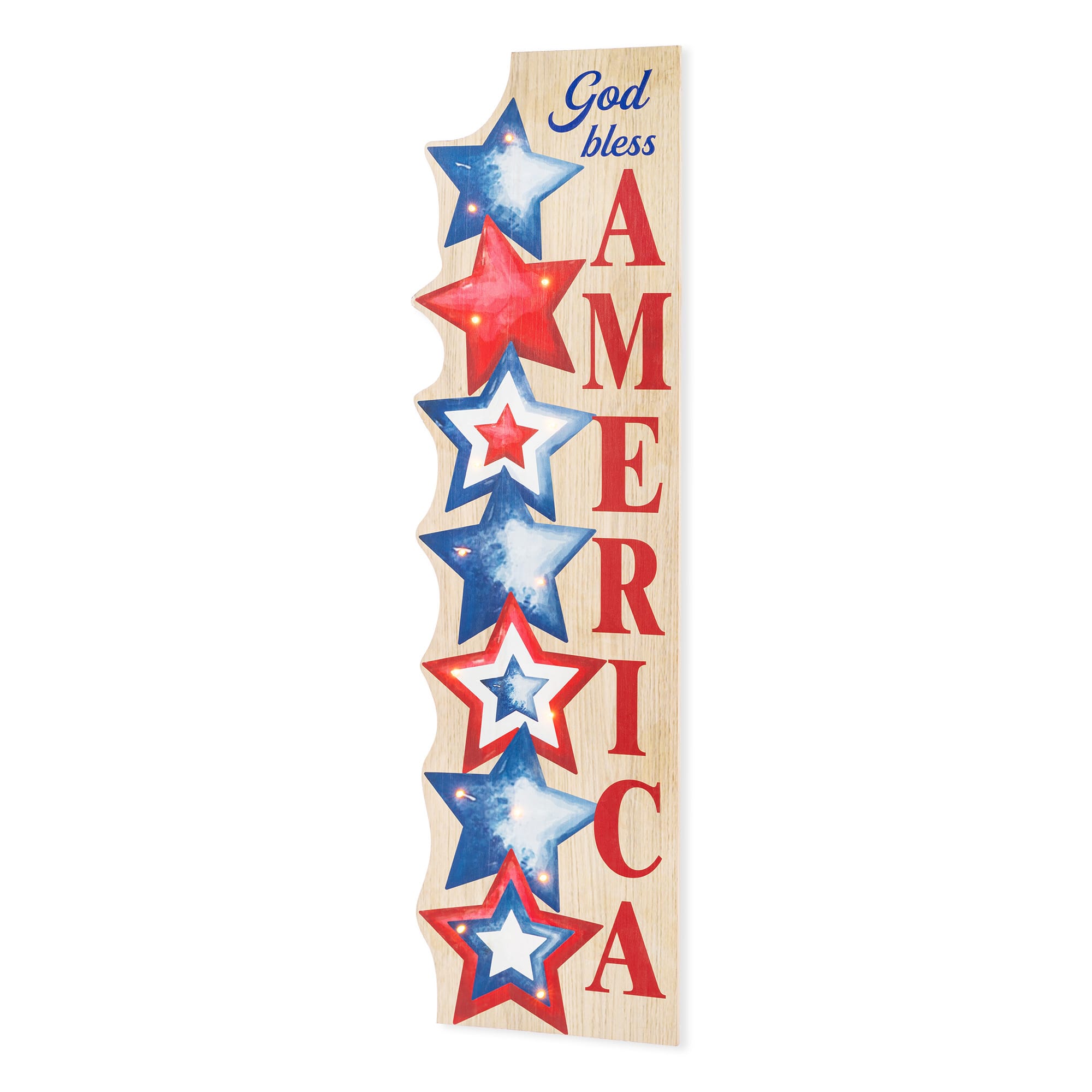 Glitzhome® 42" Lighted Patriotic Americana Wooden Stacked Stars Porch Sign with Timer