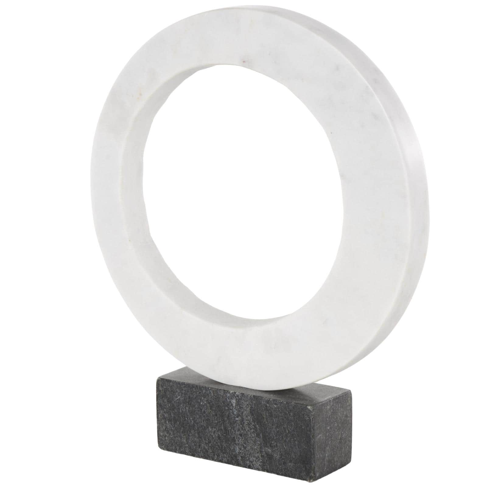 12.25" White Marble Geometric Open Ring Sculpture with Black Block Base