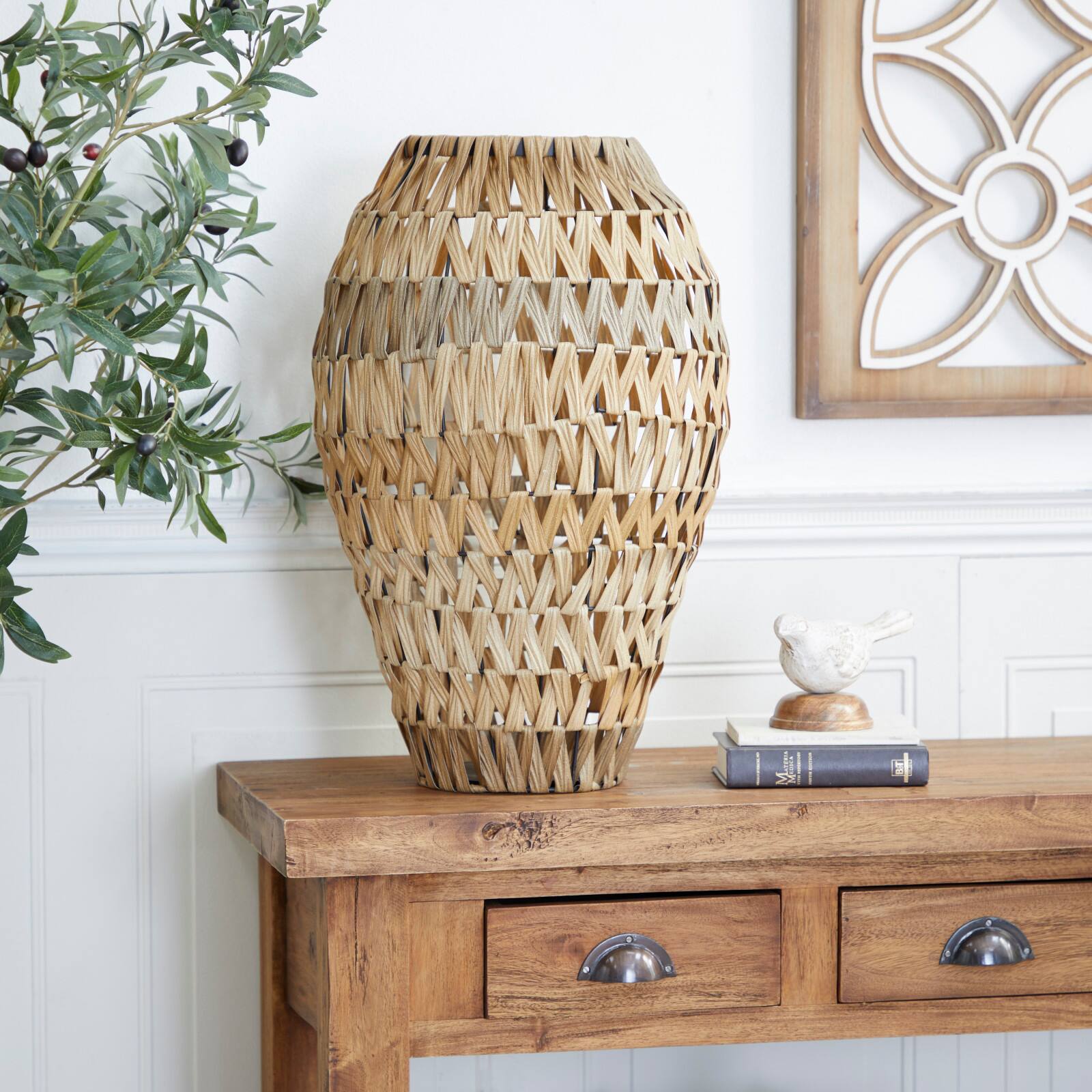 Brown Plastic Rattan Handmade Woven Vase 15" x 15" x 22"