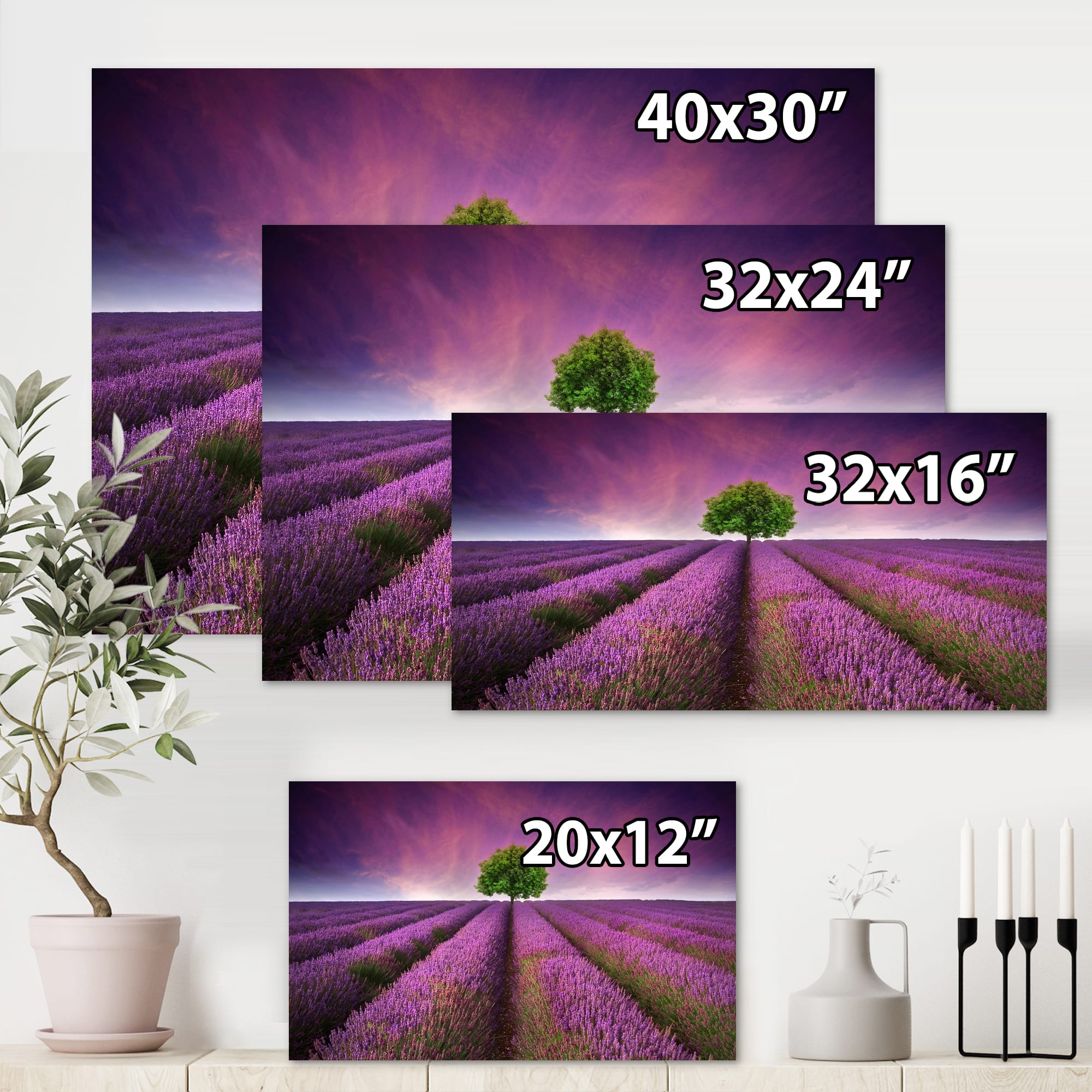 Designart - Stunning Lavender Field Summer Sunset With Tree - Farmhouse Canvas Wall Art Print