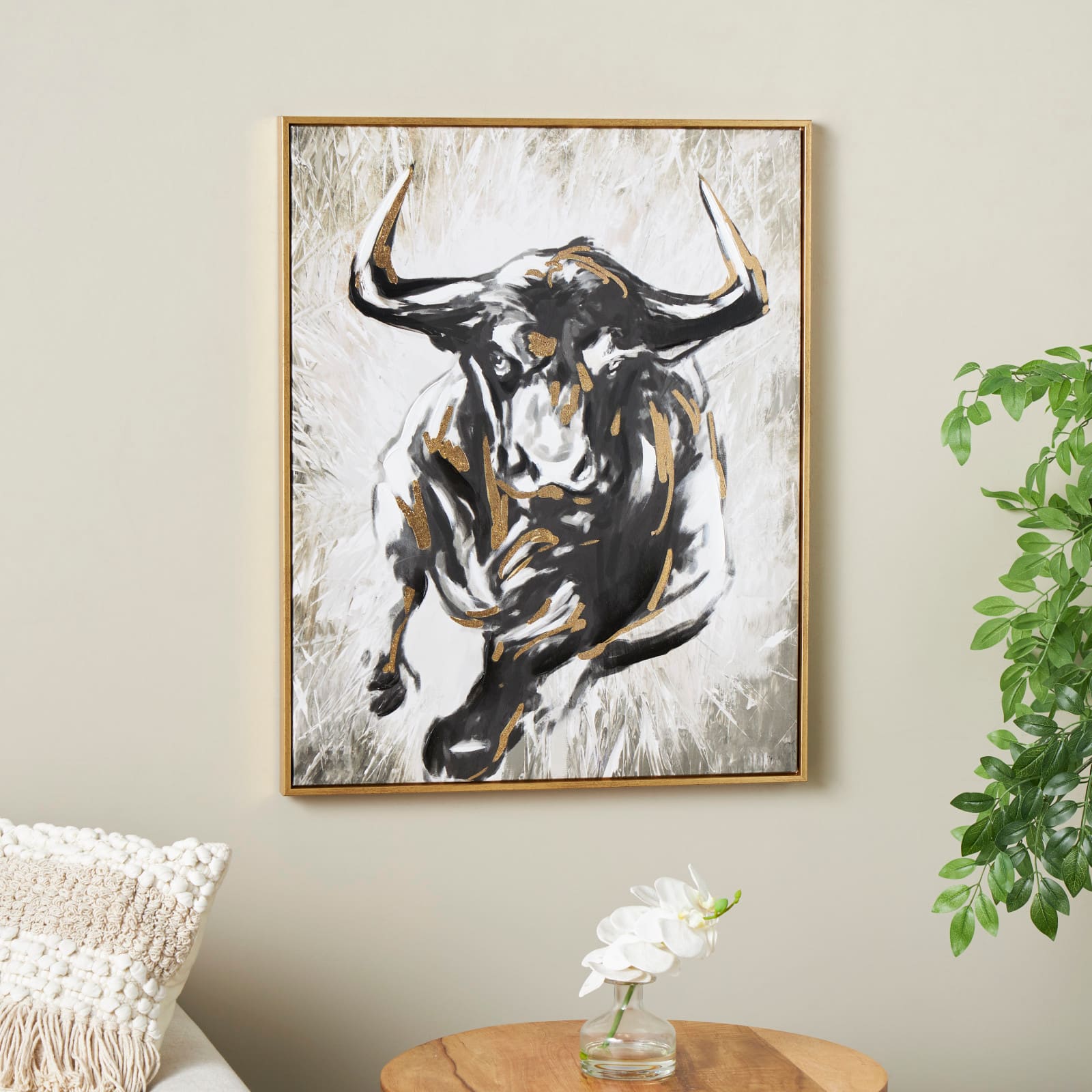 24" x 1.5" Gold Polystone Bull Shaded Running Living Room Framed Wall Art