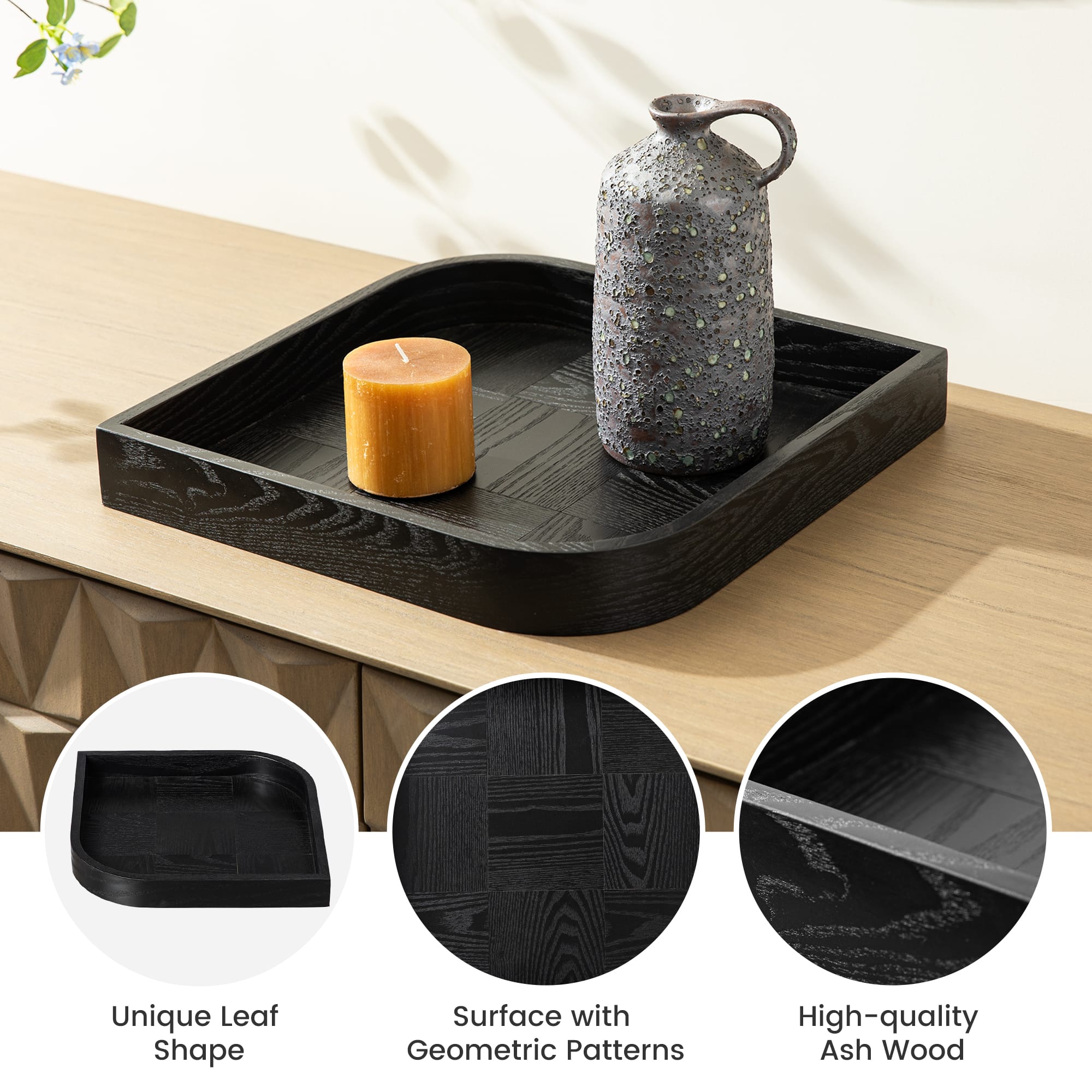 Glitzhome® Black Leaf Shape Ash Wood Decorative Trays Set
