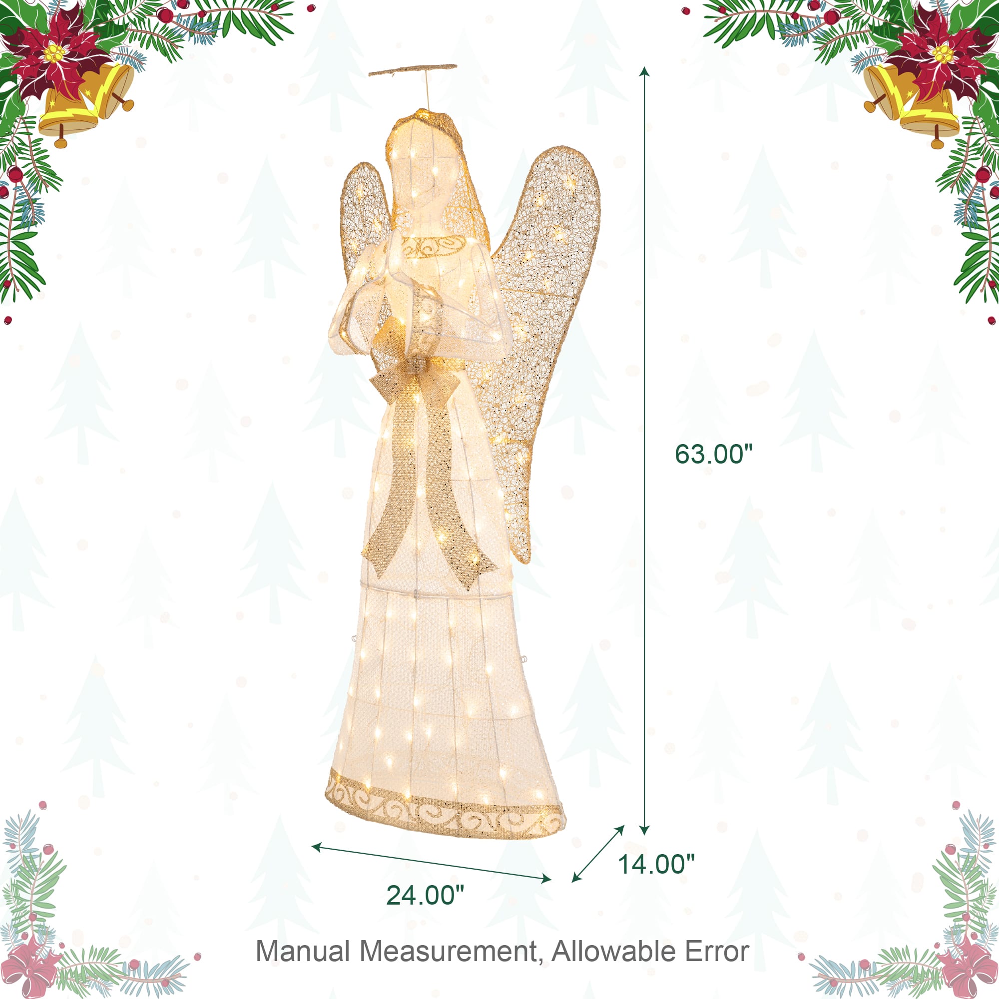 Glitzhome® 63" Christmas 3D Glittered Fabric Angel with 120 Warm White LED Lights