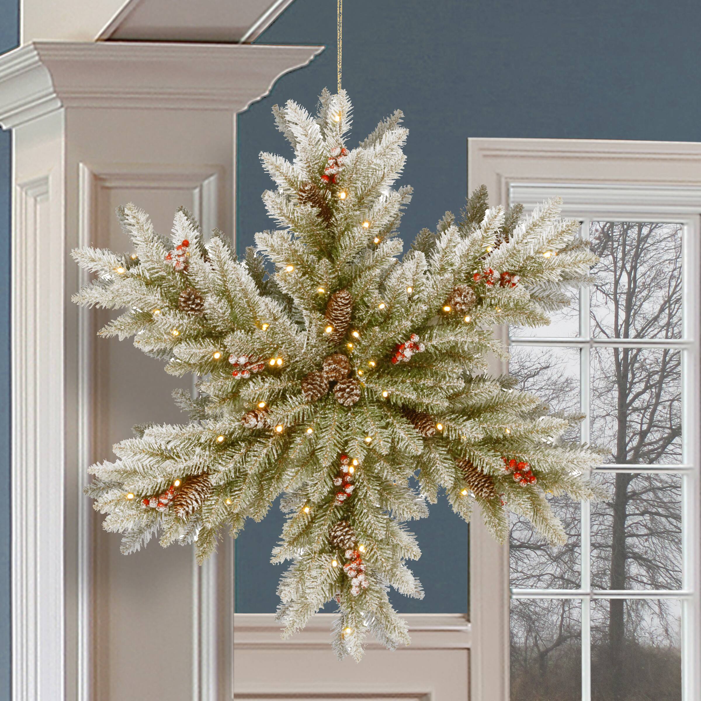 32" Snowy Dunhill® Fir Double Sided Snowflake with Pine Cones, Red Berries & Warm White LED Lights