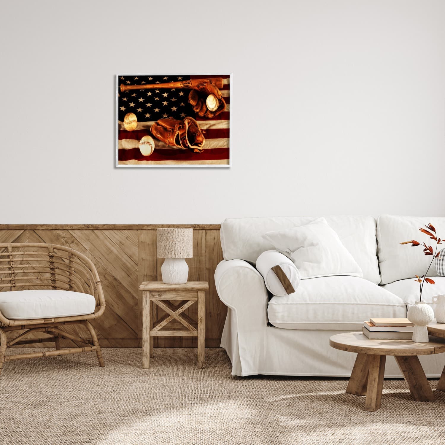 Stupell Industries Vintage American Flag Baseball Photo Framed Giclee Art