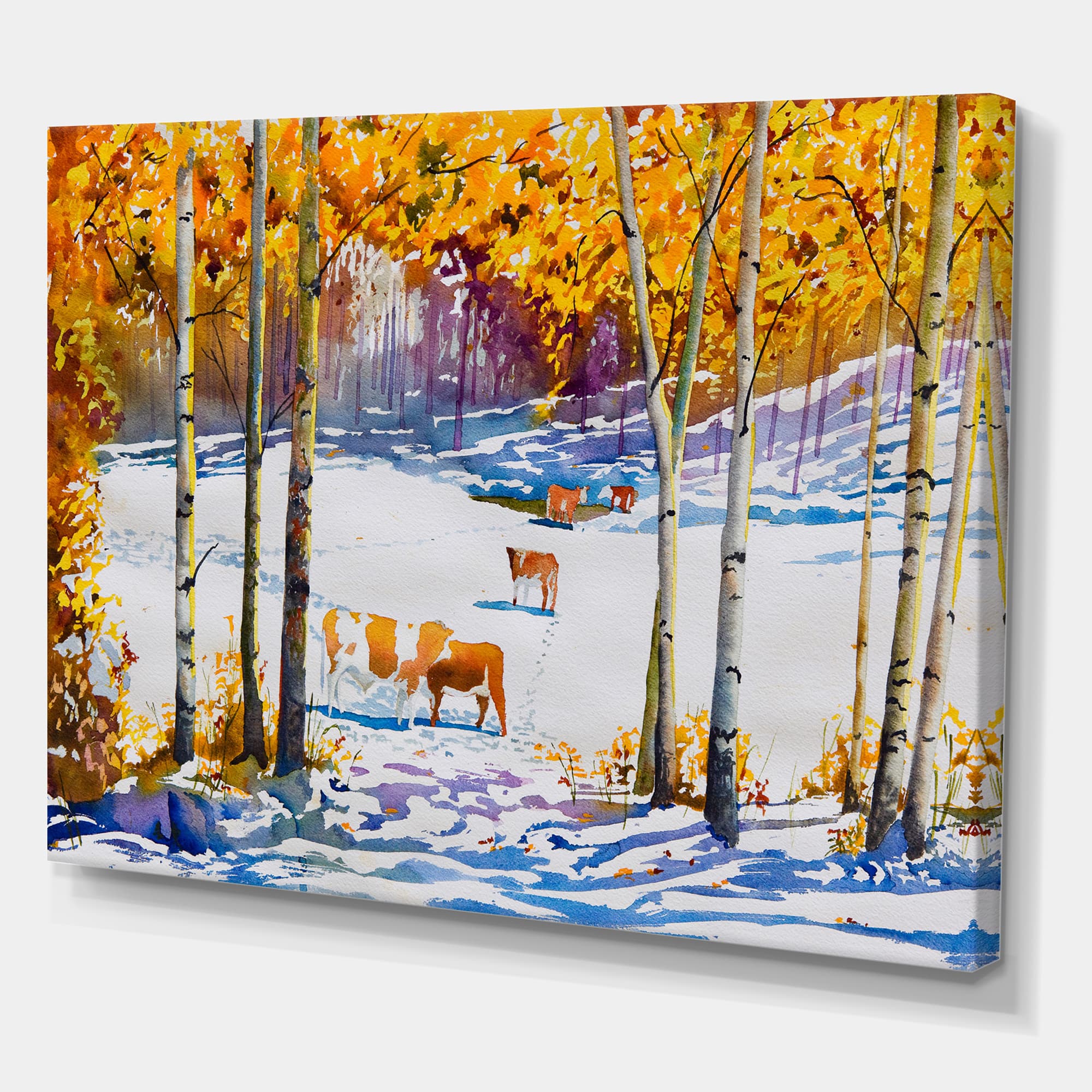 Designart - Cattle In The Early Snow In The Forest - Farmhouse Canvas Wall Art Print