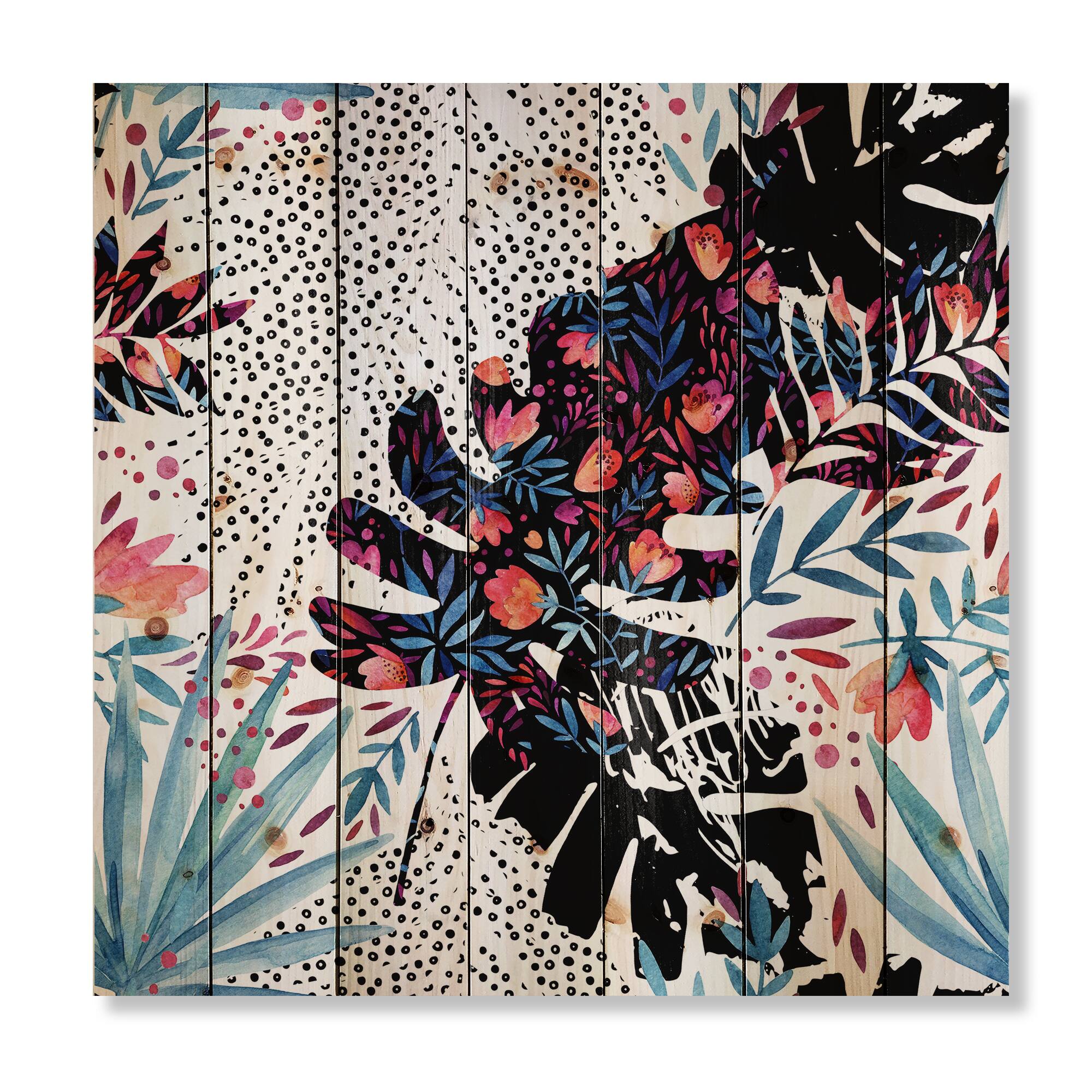 Designart - Tropical Floral Patchwork I - Tropical Print on Natural Pine Wood
