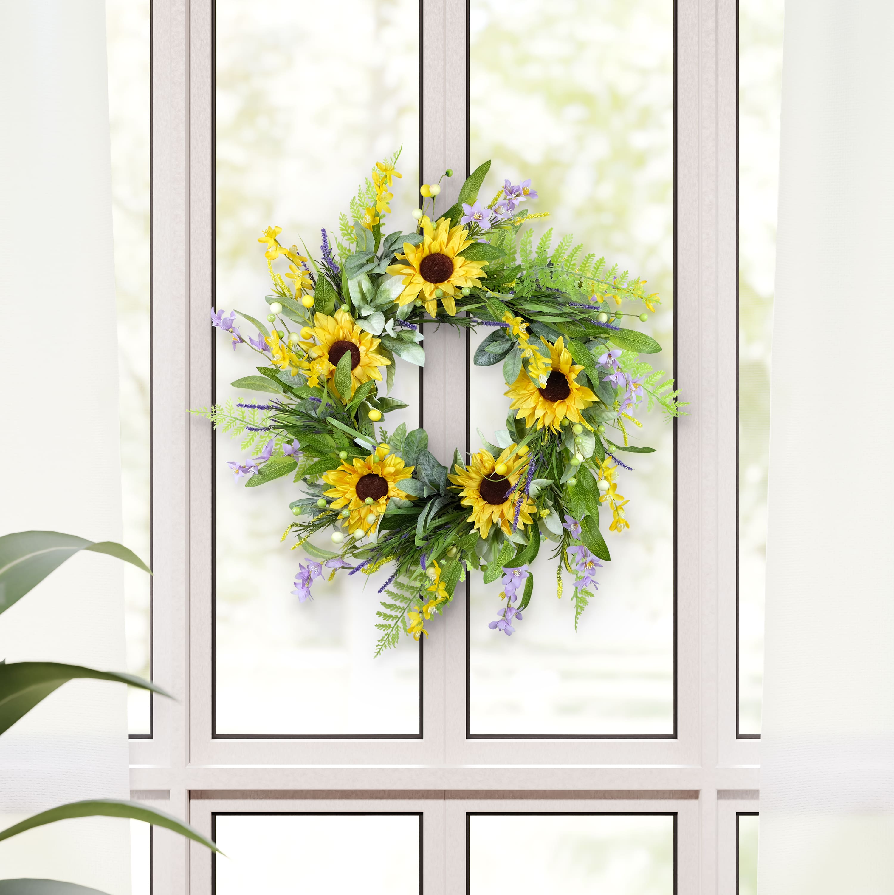 26" Artificial Sunflower Lavender Winter Jasmine Floral Spring Wreath
