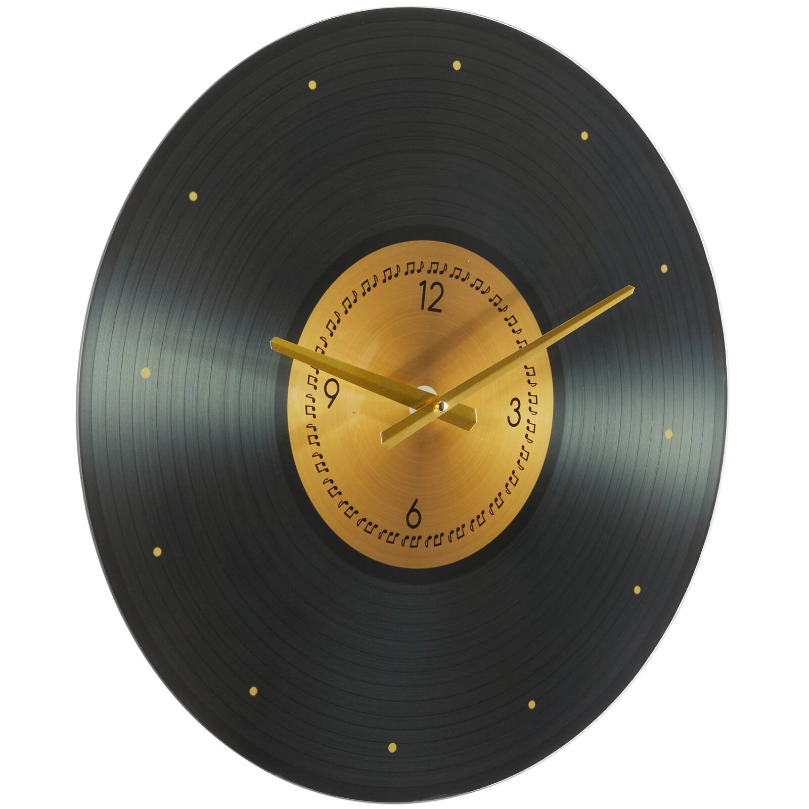 20" Black Glass Record Style Musical Notes Wall Clock