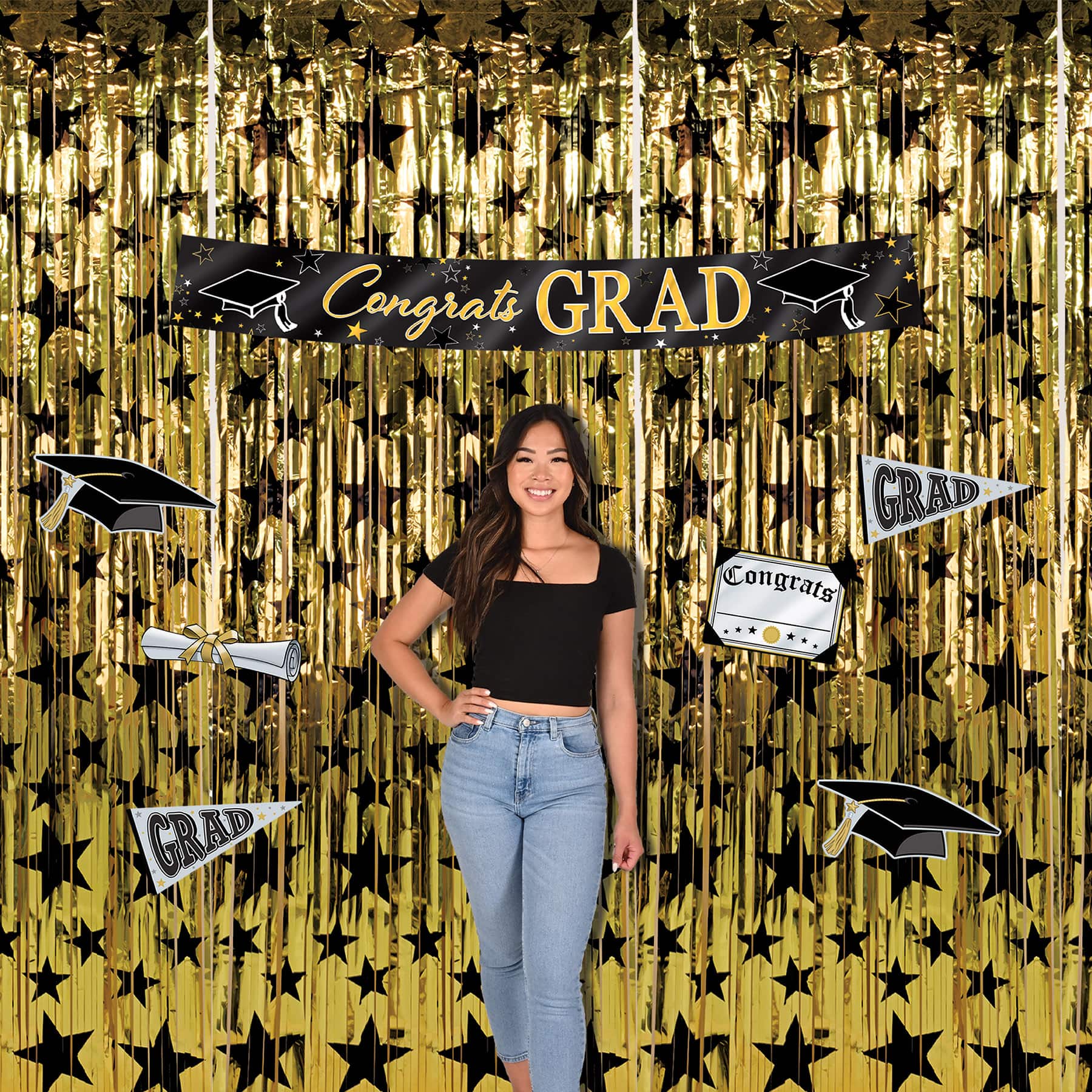 Beistle 5ft. Black & Gold Metallic Congrats Grad Banners, 2ct.