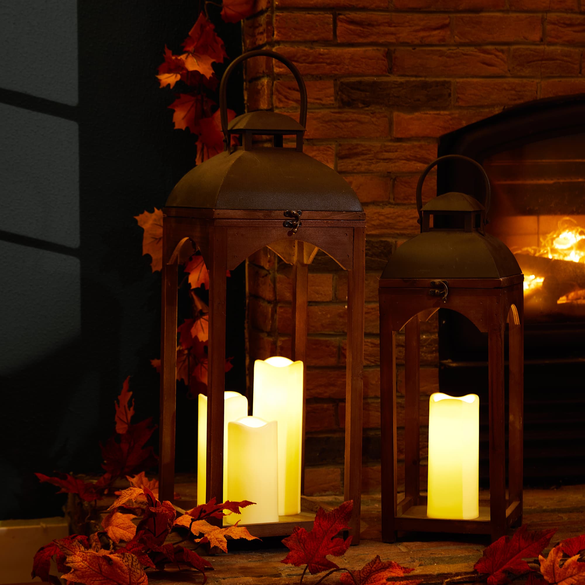 Farmhouse Brown Candle Lantern Set, 24.5" & 20"