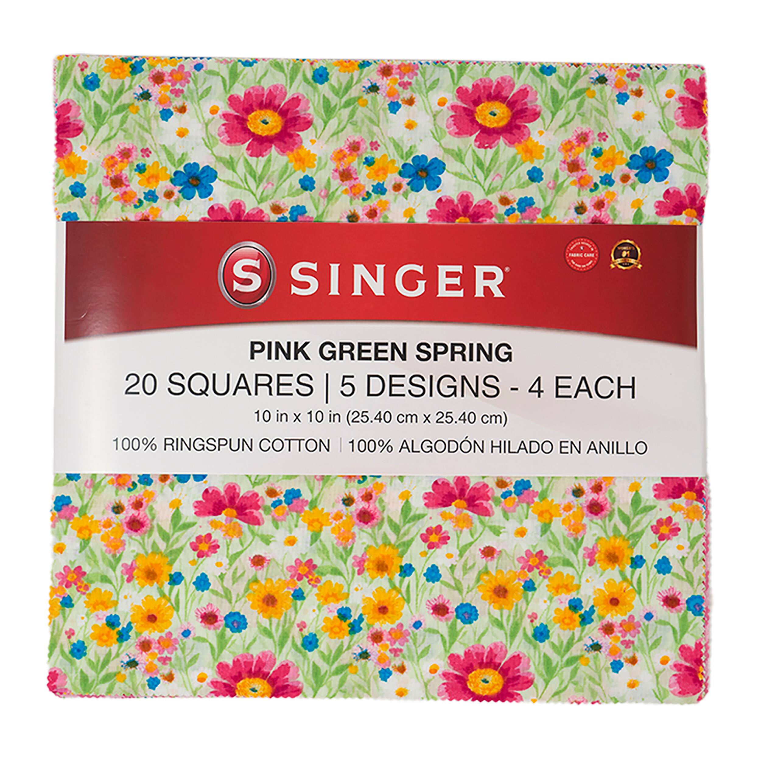 SINGER Pink Green Spring Premium Square Cotton Fabric Bundle 