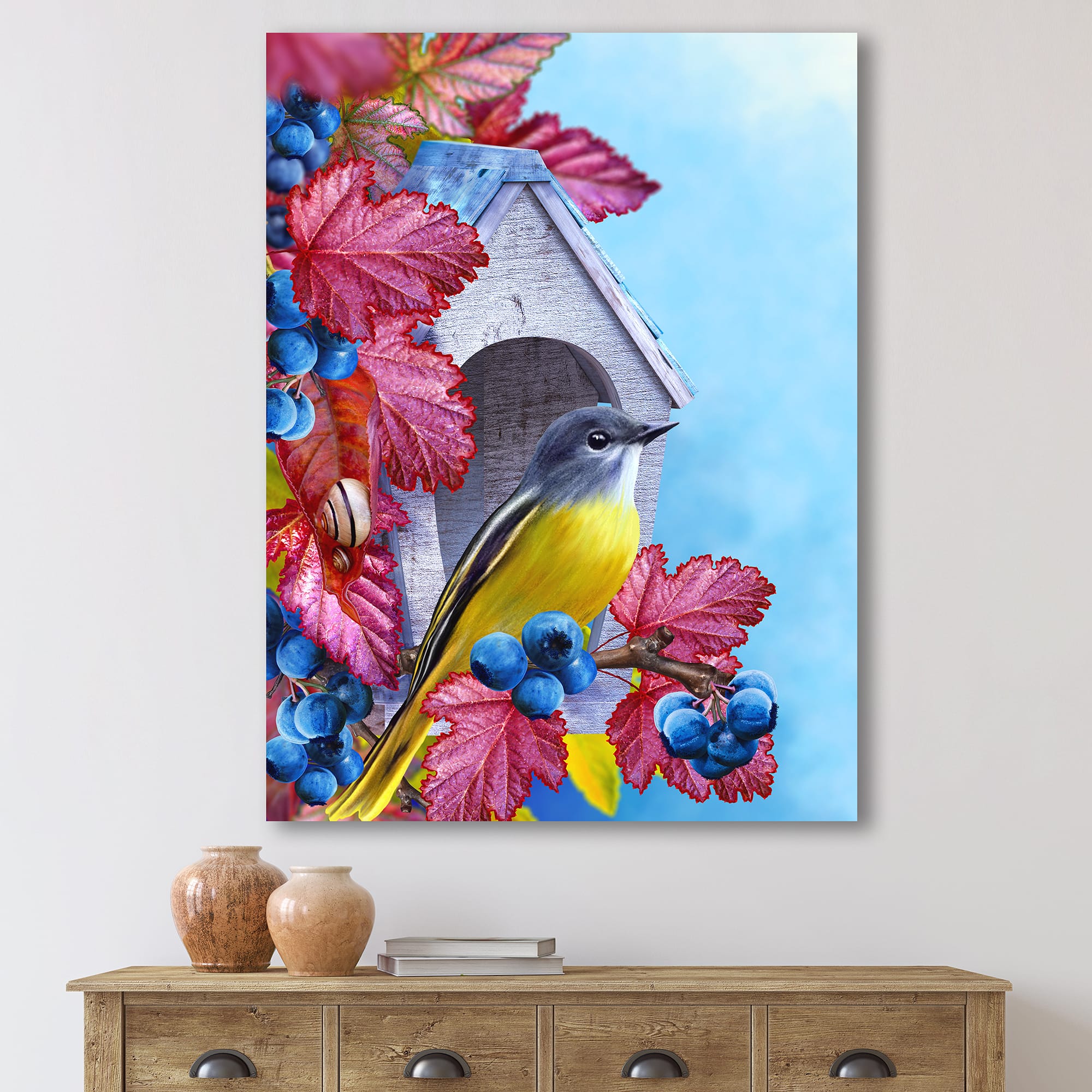 Designart - Titmouse Bird Sitting On A Branch Near A Birdhouse - Traditional Canvas Wall Art Print
