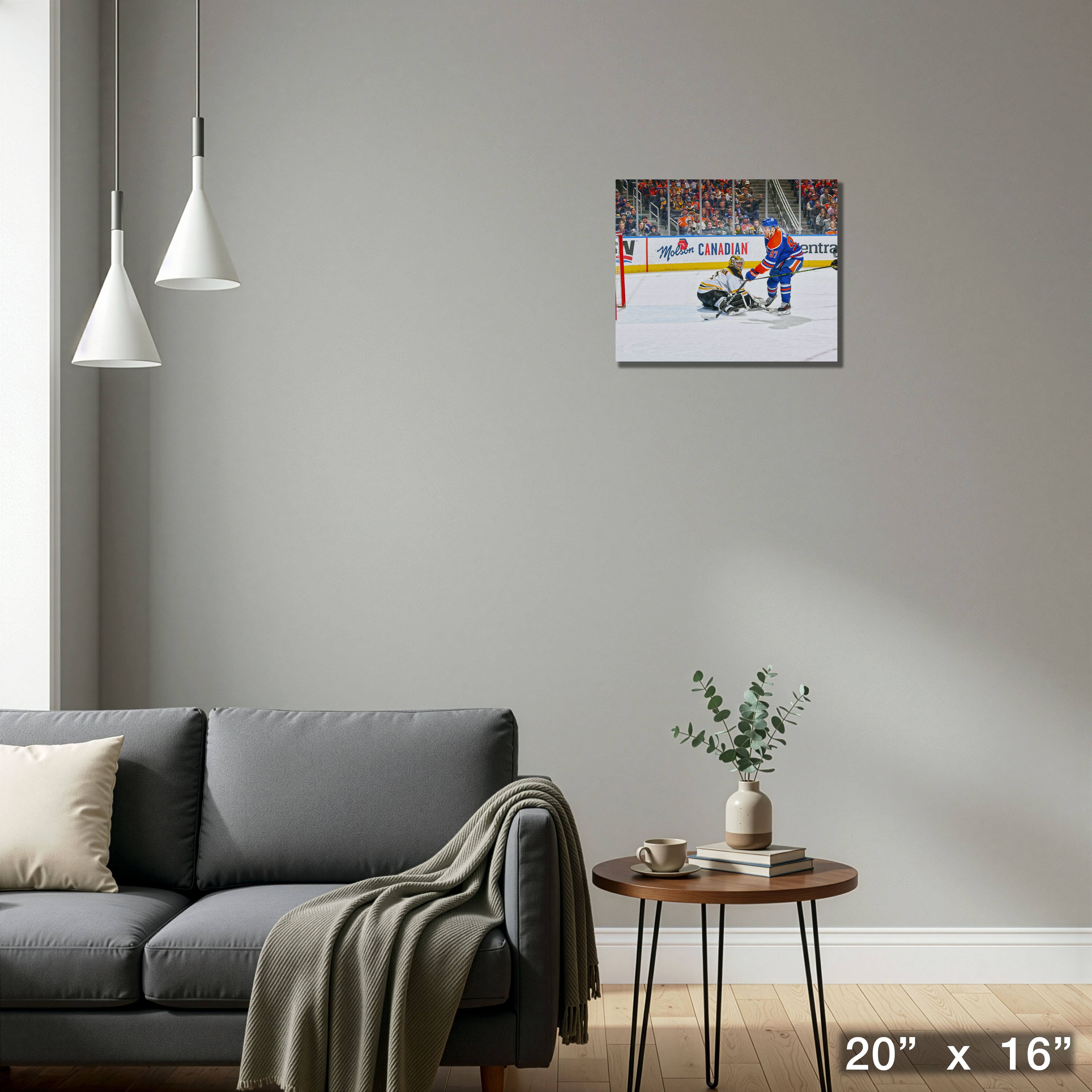 Connor McDavid Unsigned 16" x 20" Canvas Oilers vs Bruins 20" x 16"