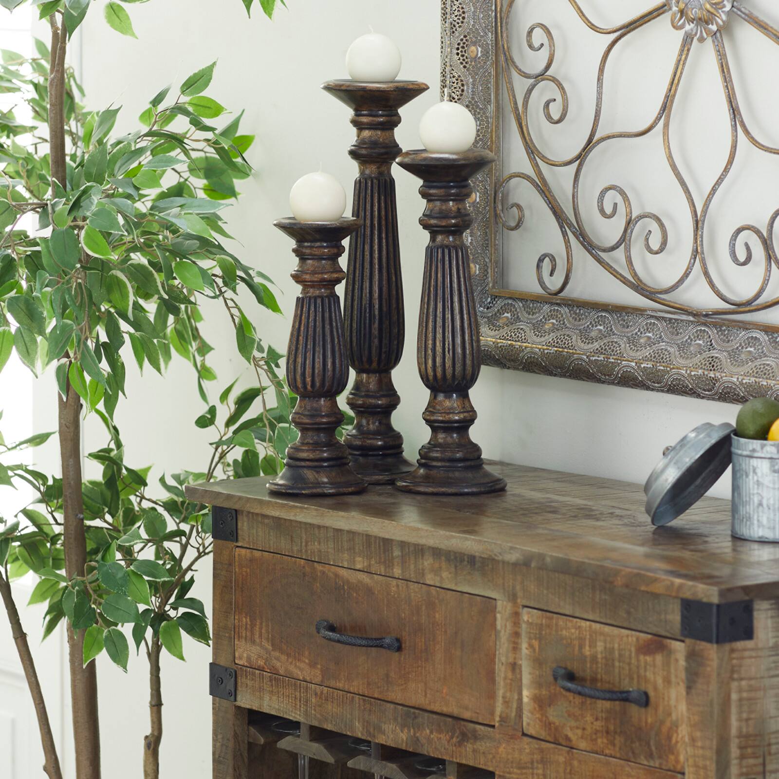 Dark Brown Mango Wood Traditional Candle Holder Set, 3ct.
