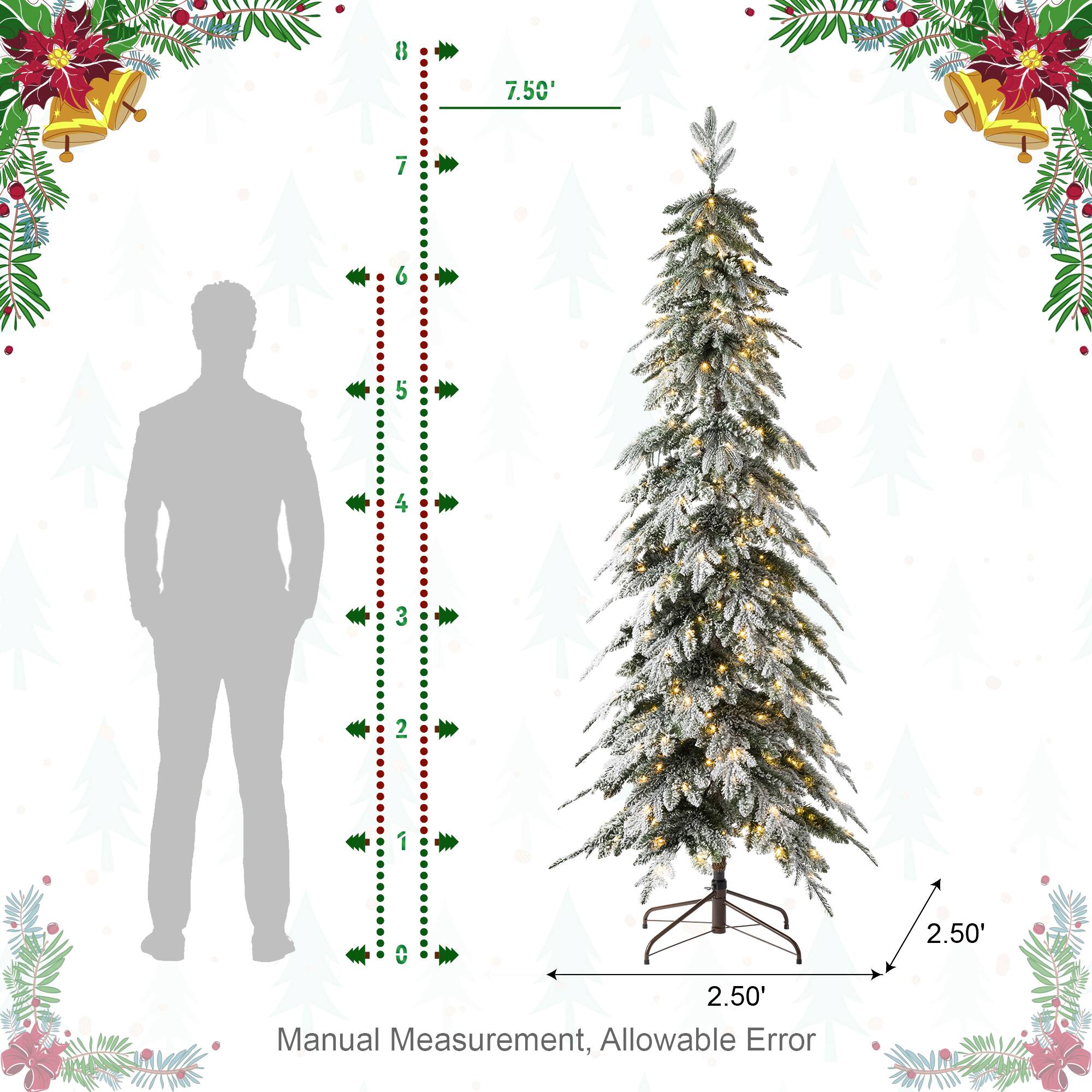 7.5ft. Pre-Lit Flocked Pencil Spruce Artificial Christmas Tree, Warm White LED Lights