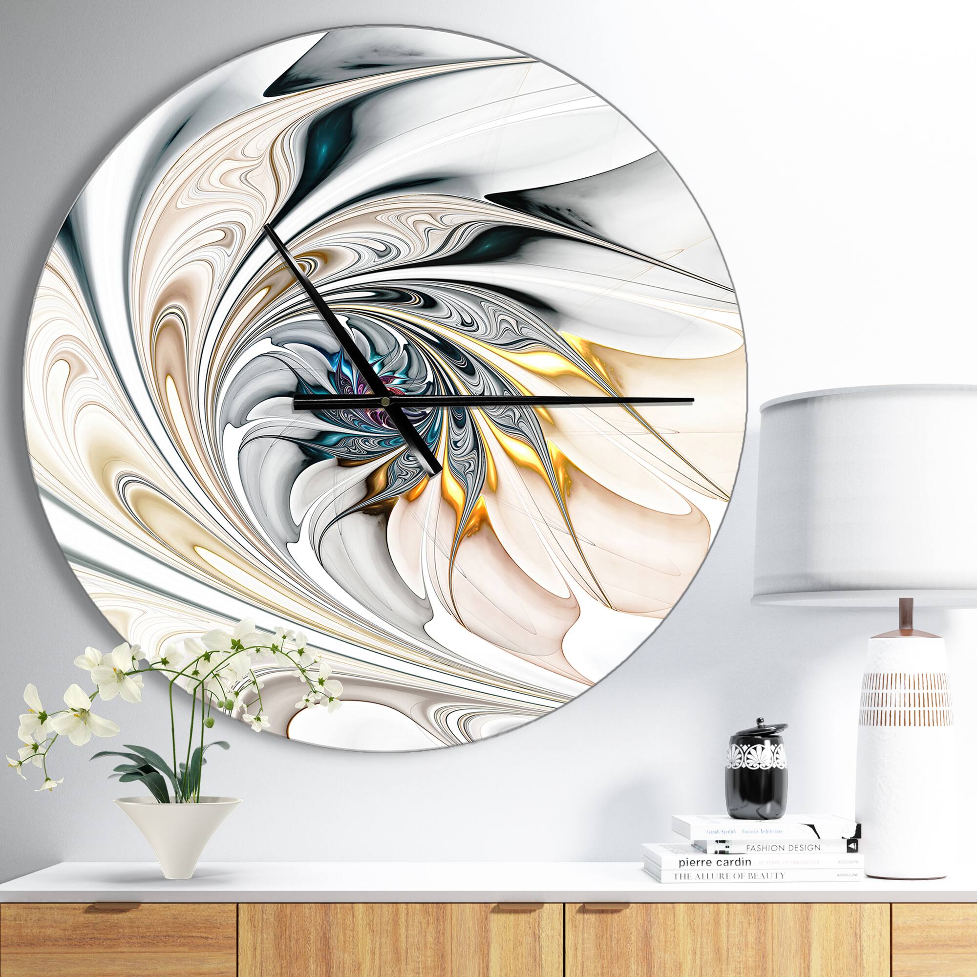 Designart White Stained Glass Floral Art Modern Wall Clock