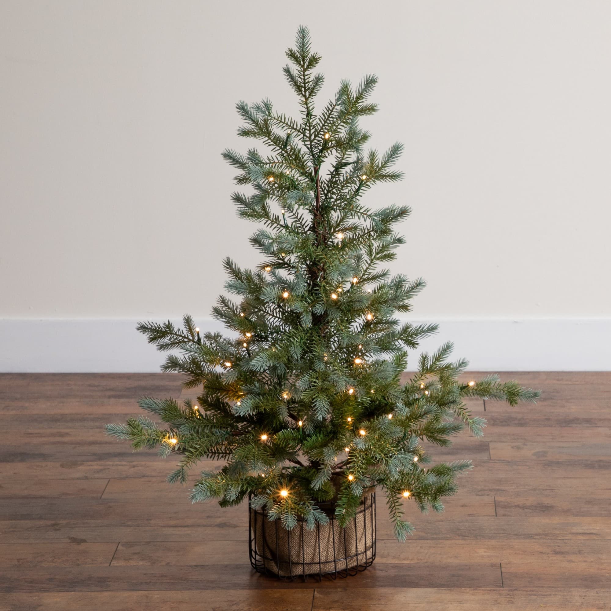 Nearly Natural 3ft. Pre-Lit Artificial Pine Christmas Tree in Jute Wire Planter, Warm White LED lights