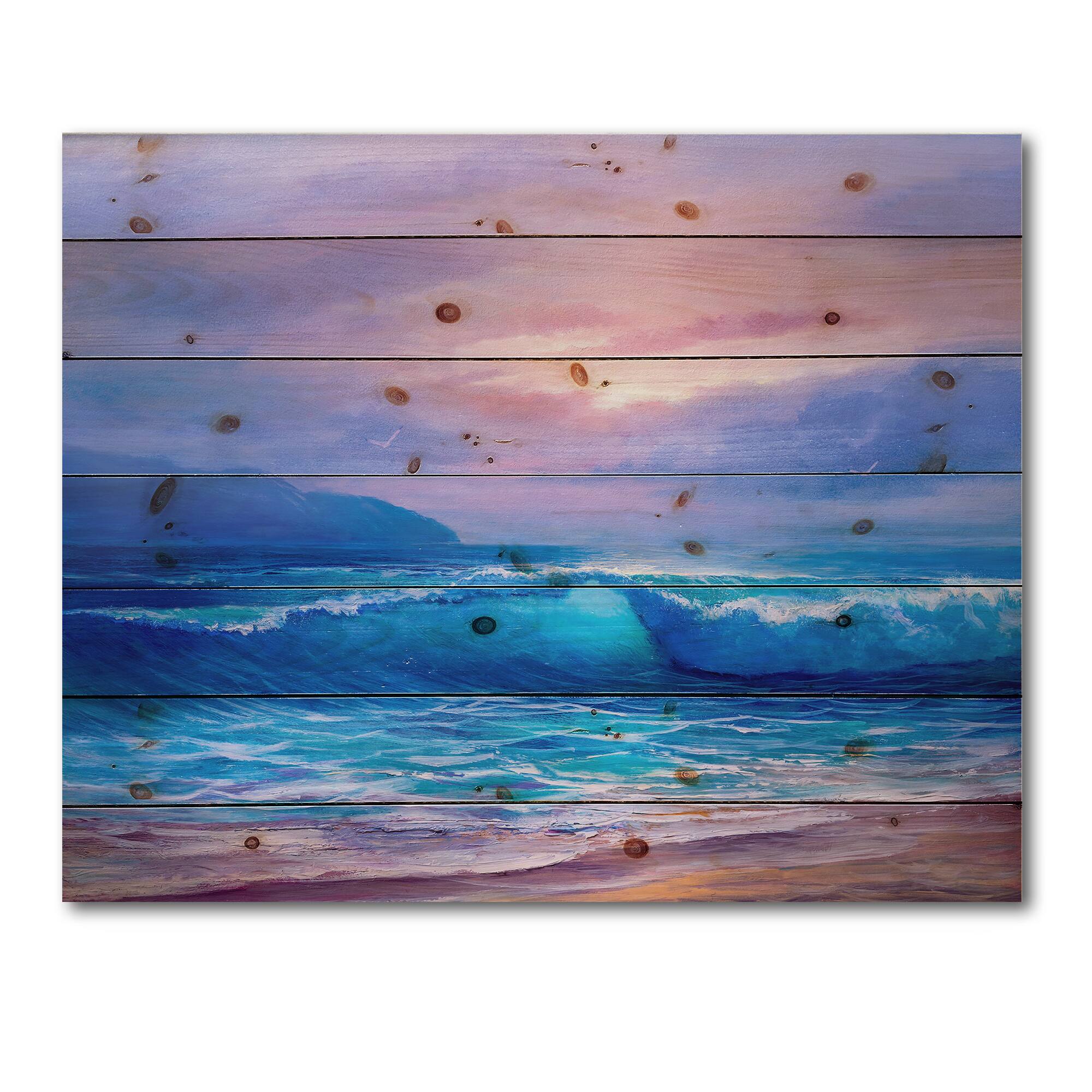 Designart - Golden Sunset Over The Sea By The Beach - Nautical & Coastal Print on Natural Pine Wood