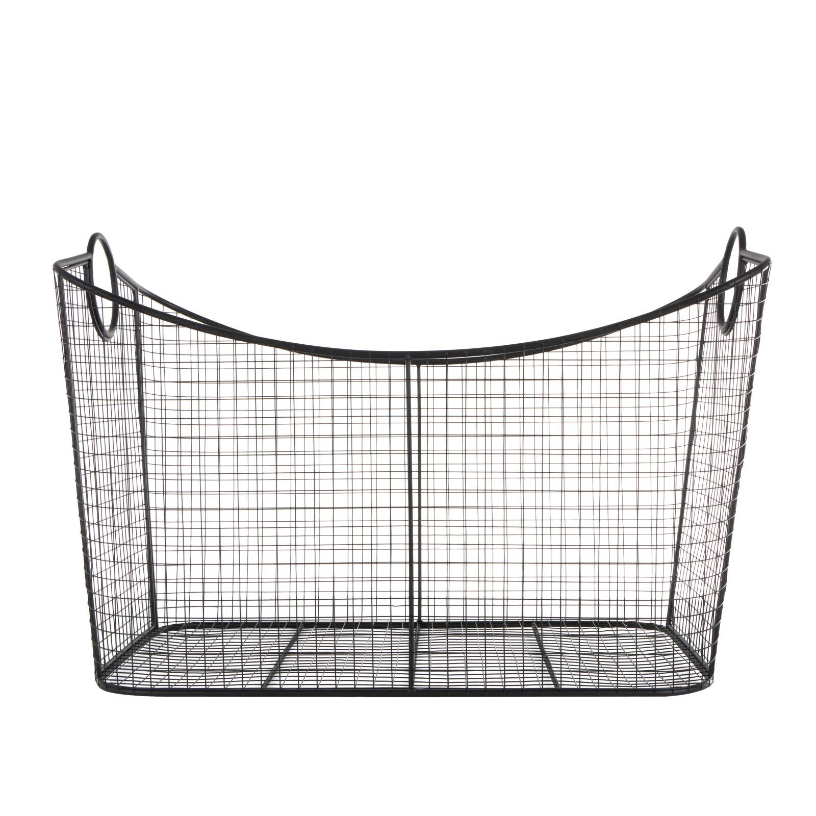 30.25" Black Metal Open Frame Wire Grid Storage Basket with Curved Sides & Ring Handles