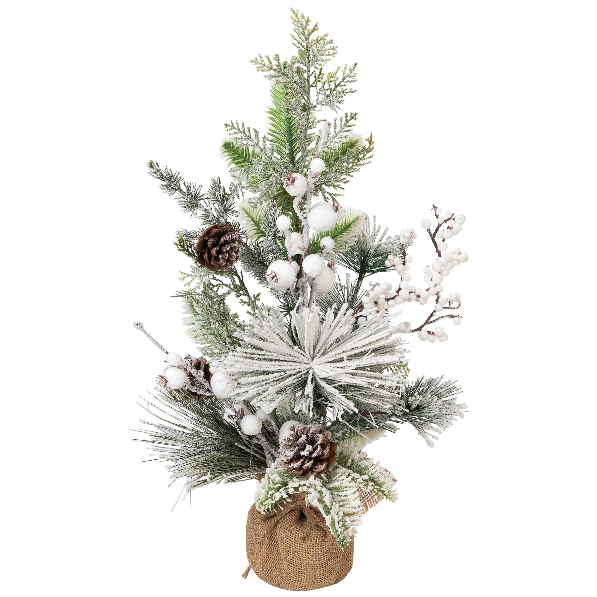 Northlight 20" Unlit Flocked & Frosted Mixed Foliage Artificial Christmas Tree in Burlap Base