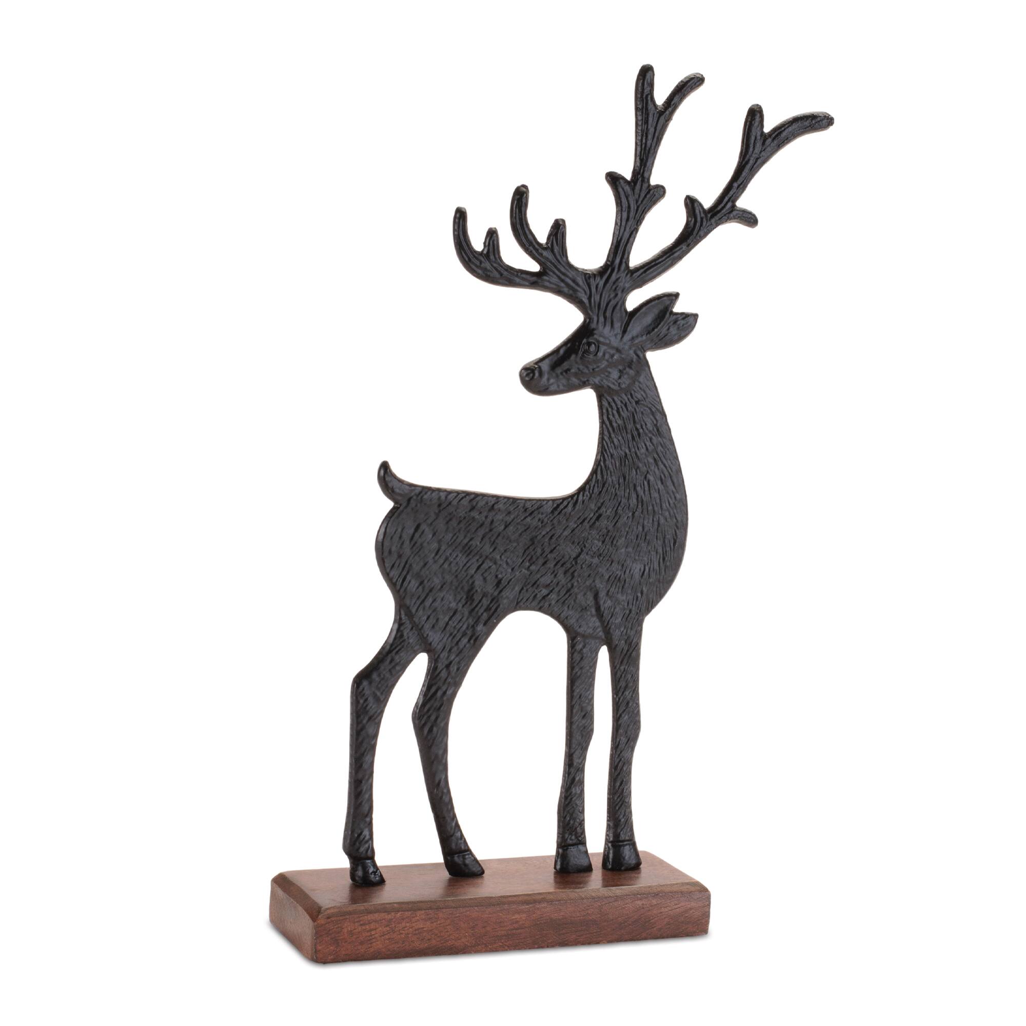 Melrose Black Metal Deer Figurines on Wood Base Set