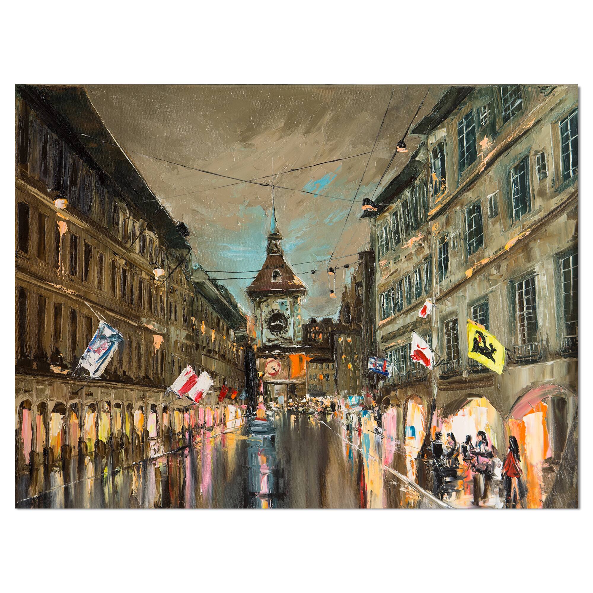 Designart - Bern Switzerland Rainy Evening in Oil Painting