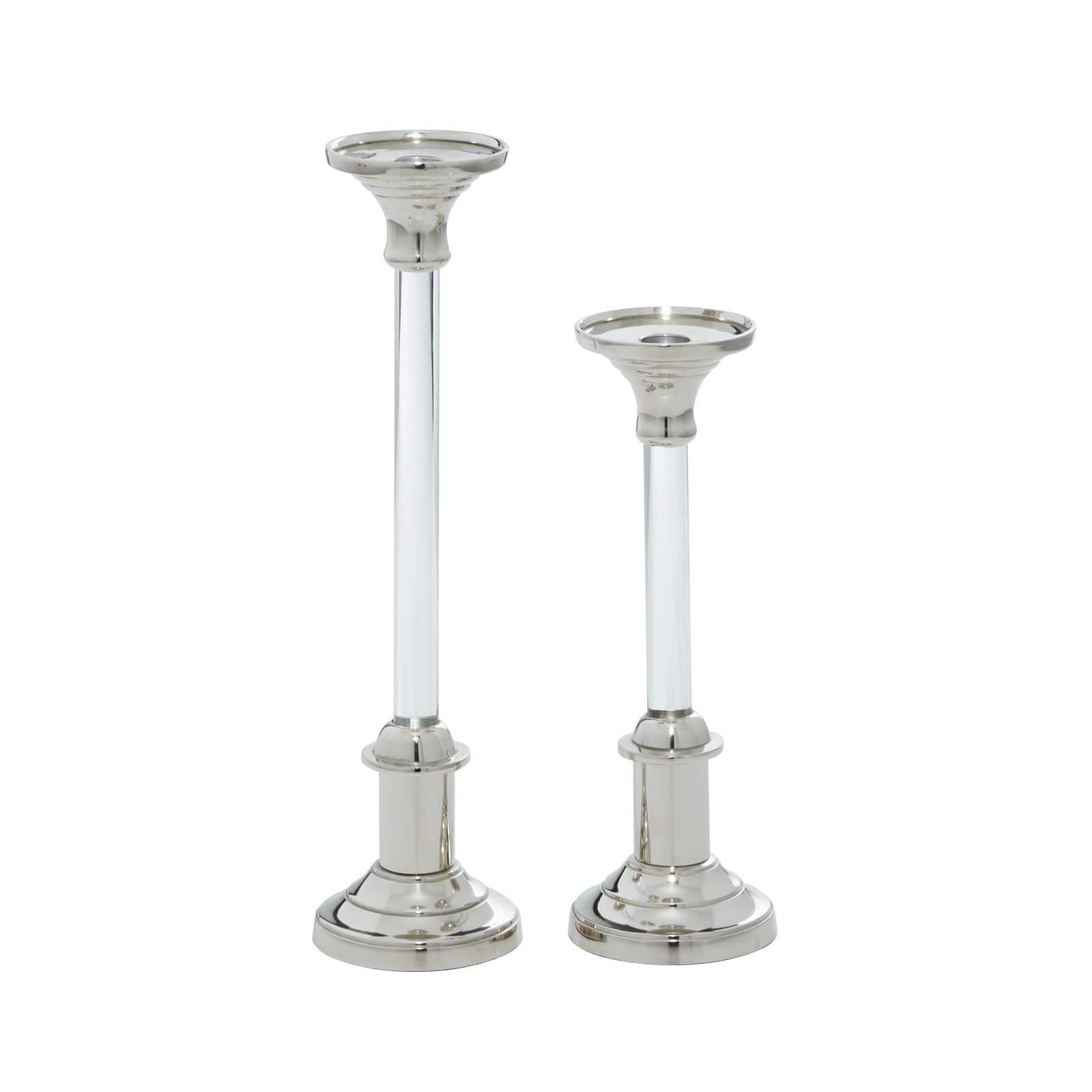 Set of 2 Silver Aluminum Glam Candle Holder, 12", 16"