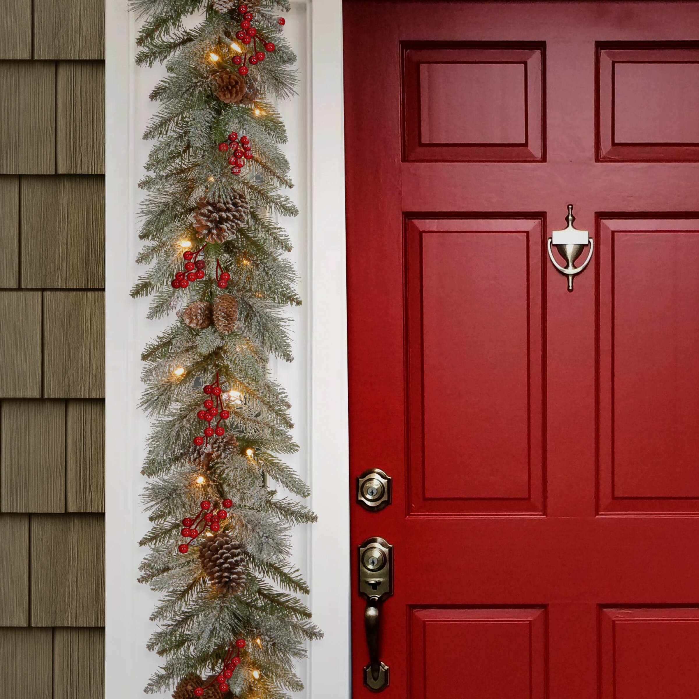 9'x12" Pre-lit Feel Real® Snowy Bristle Berry Artificial Christmas Garland with Red Berries, Mixed Cones & Clear Lights