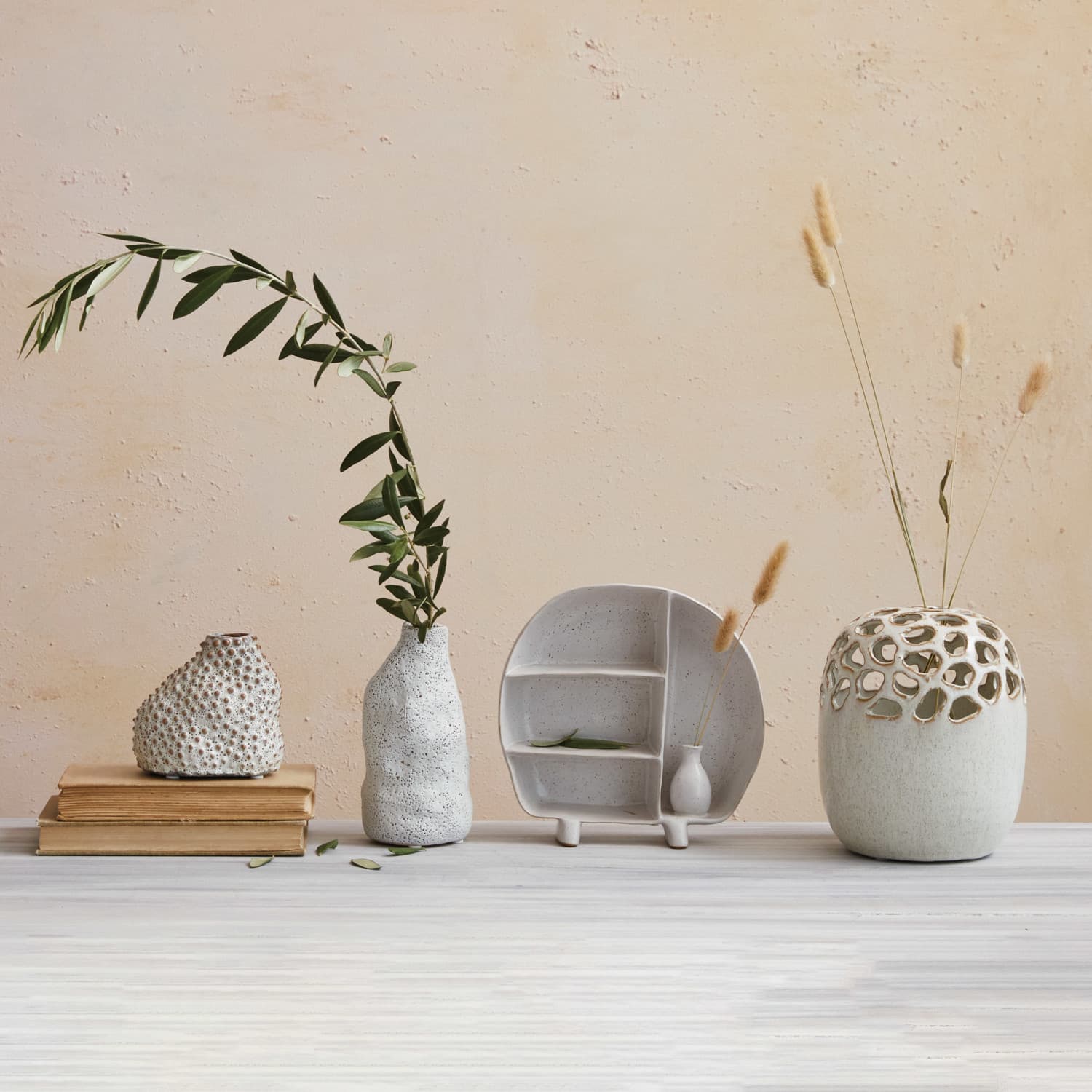 Hello Honey® 8.5" Cream Stoneware Footed Shelf with 4 Compartments & Attached Vase with Reactive Glaze