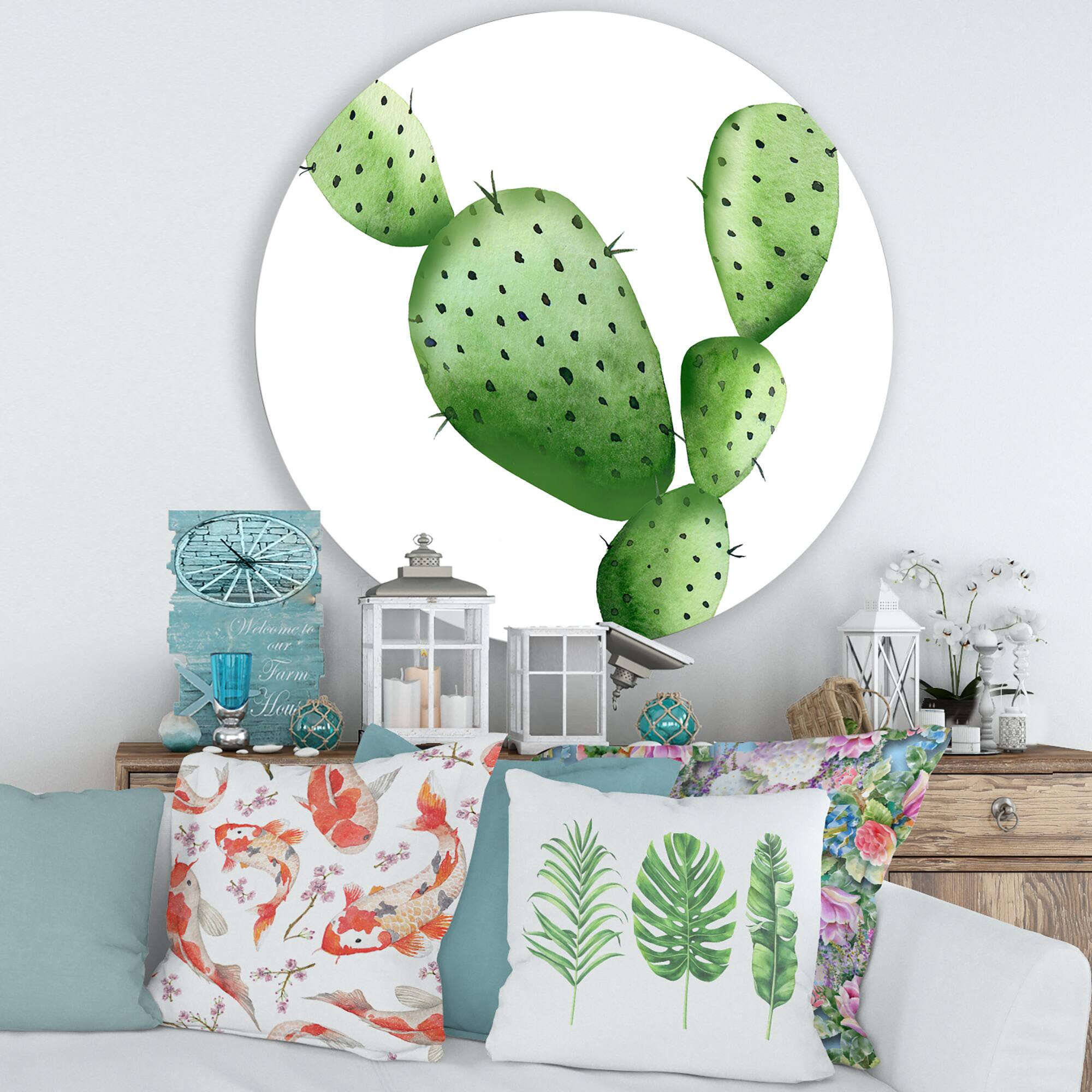 Designart - Green Southwestern Cactus - Tropical Metal Circle Wall Art