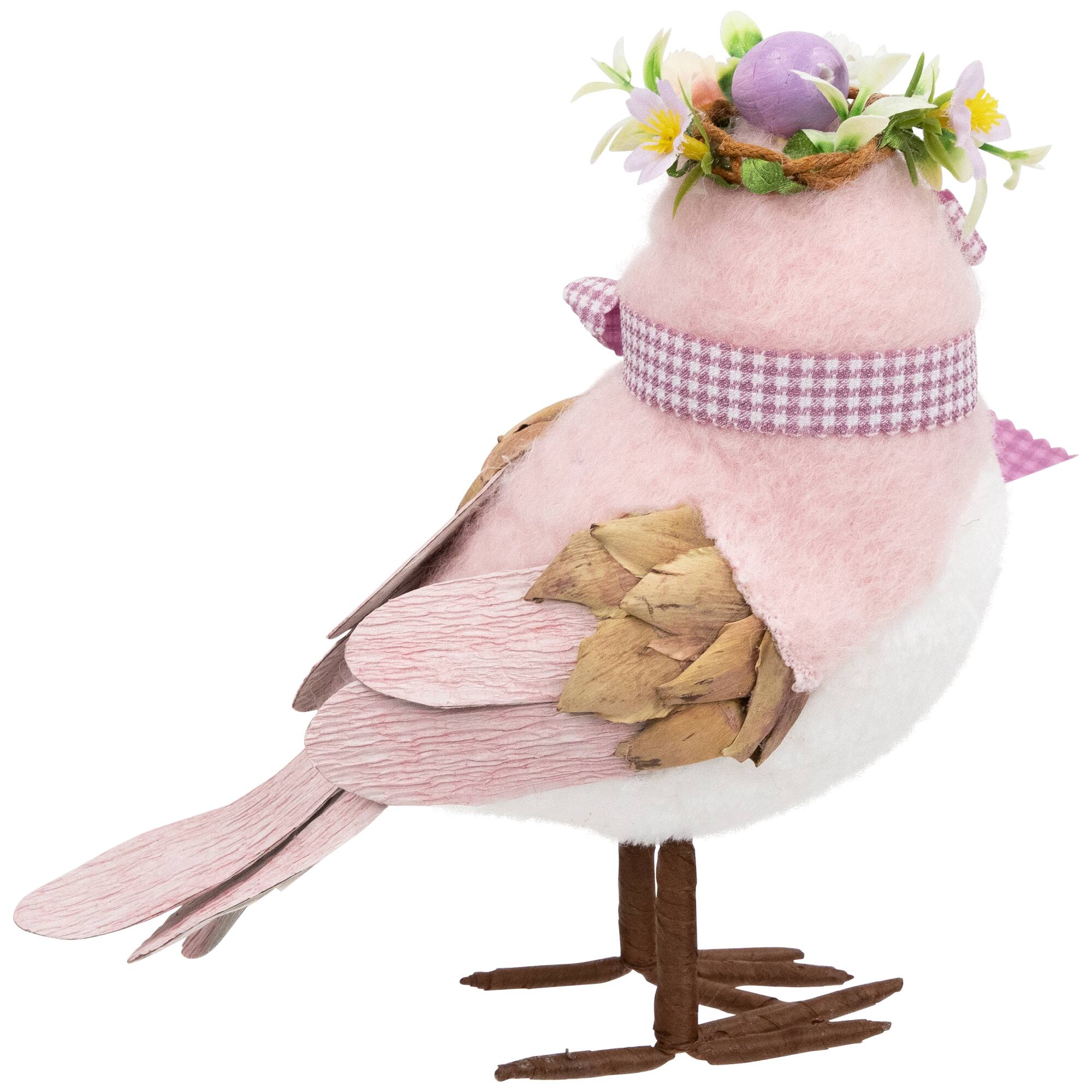 7.75" Pink Plush Bird Easter Accent with Gingham Bow