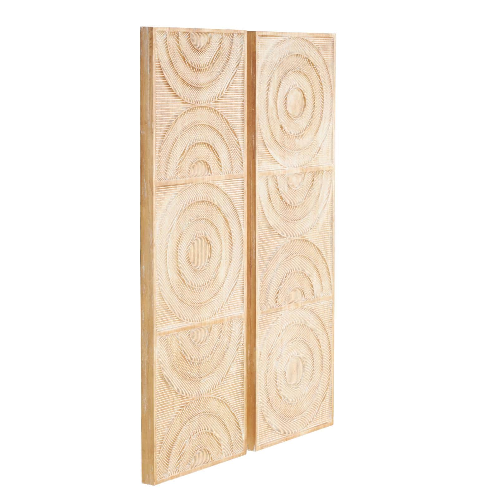 13" x 37" Light Brown Wood Geometric Carved Panel Arch Wall Décor with White Linear Markings Set 