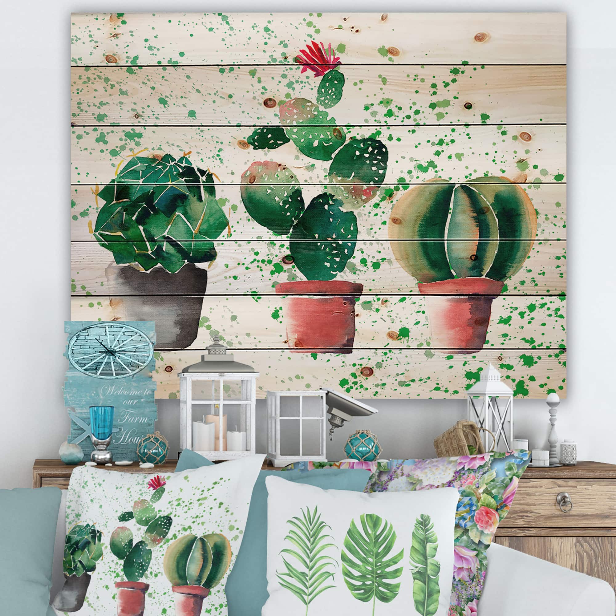 Designart - Three Cacti In Clay Pots - Botanical Print on Natural Pine Wood