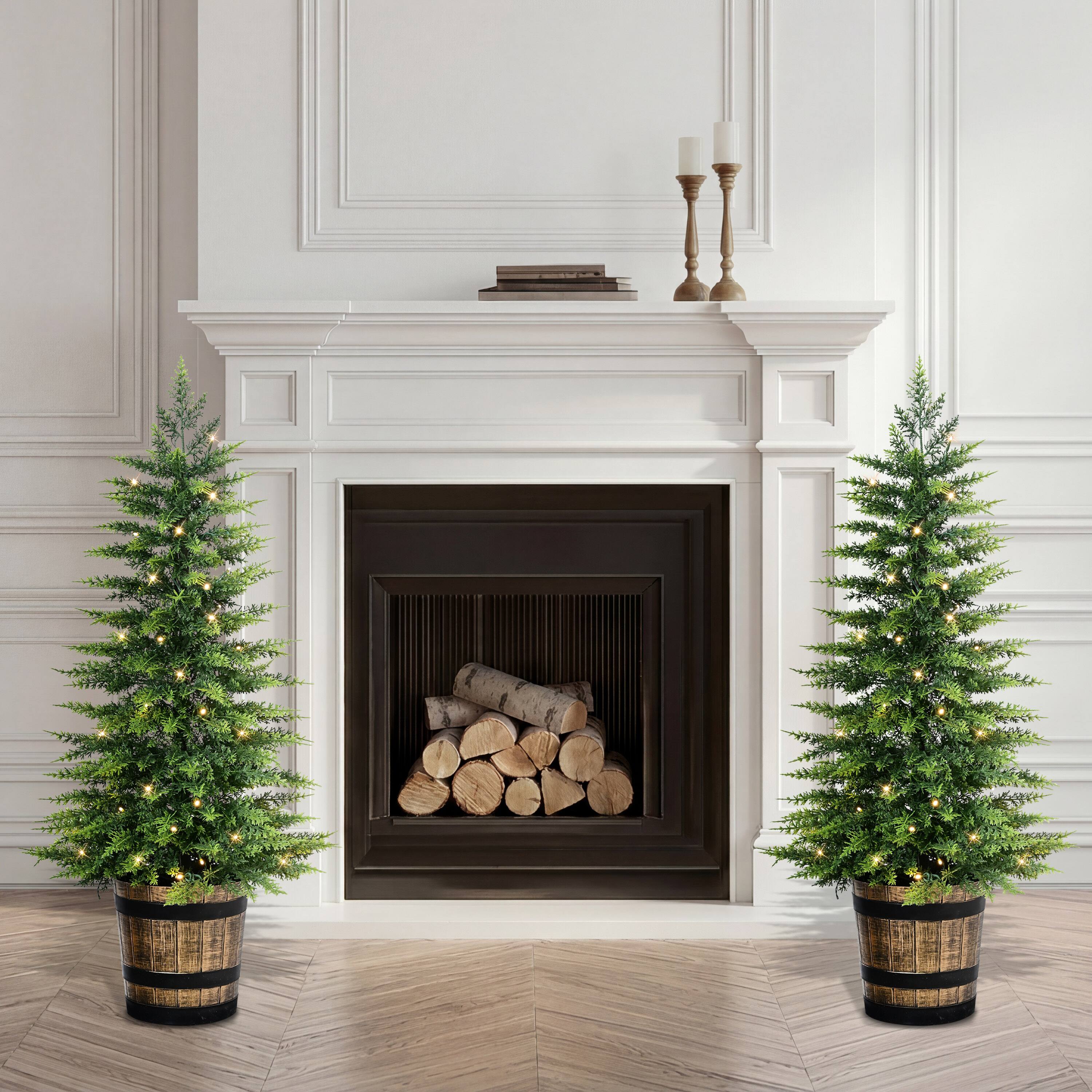 Puleo International 3.5ft. Pre-Lit Battery-Operated Artificial Christmas Trees with Whiskey Barrel Base, Warm White LED Lights, 2ct.
