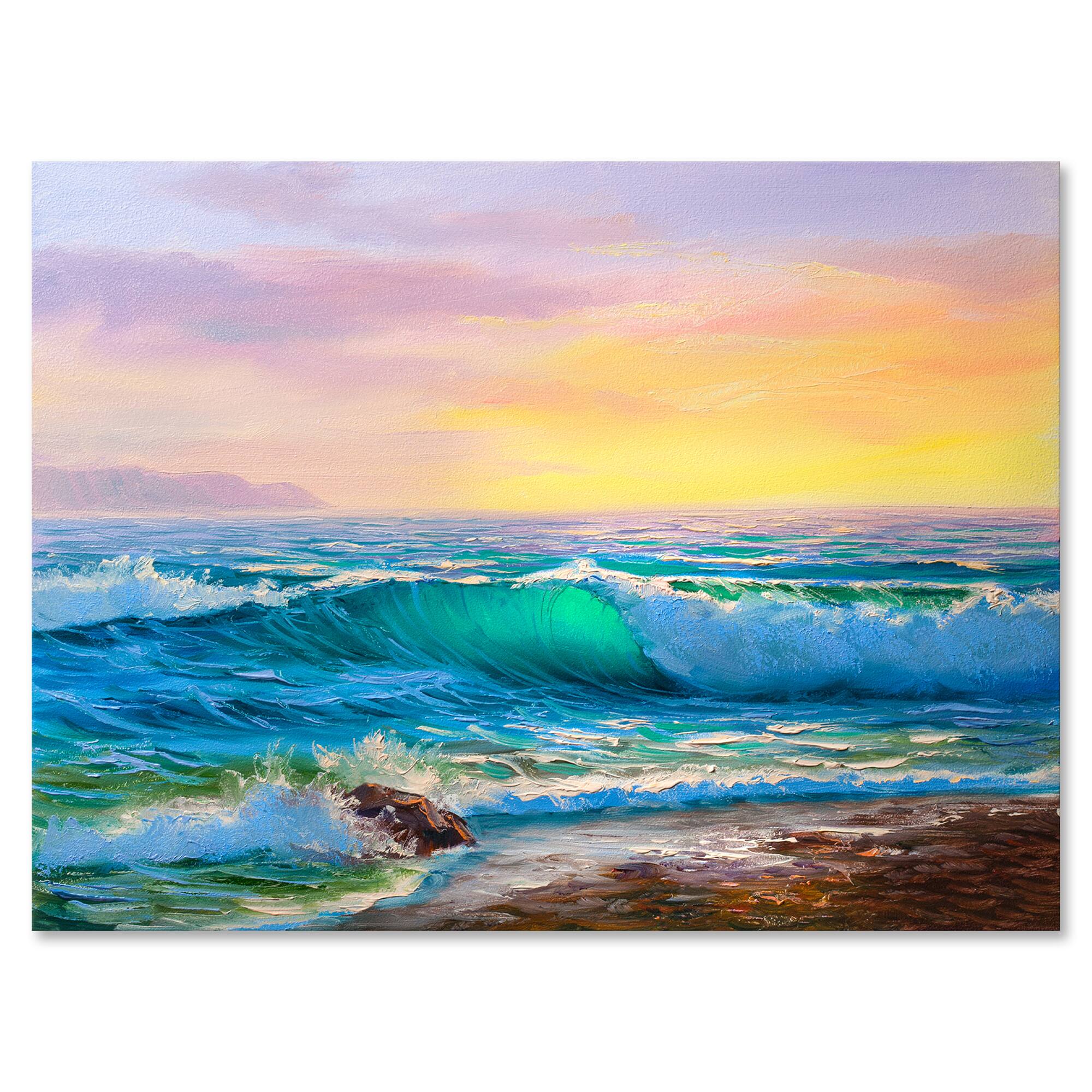 Designart - Blue Waves Breaking At The Beach IV - Nautical & Coastal Canvas Wall Art Print